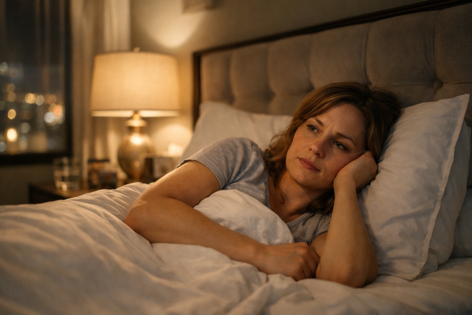 A woman lies awake in bed, reflecting on the stress of the day.
