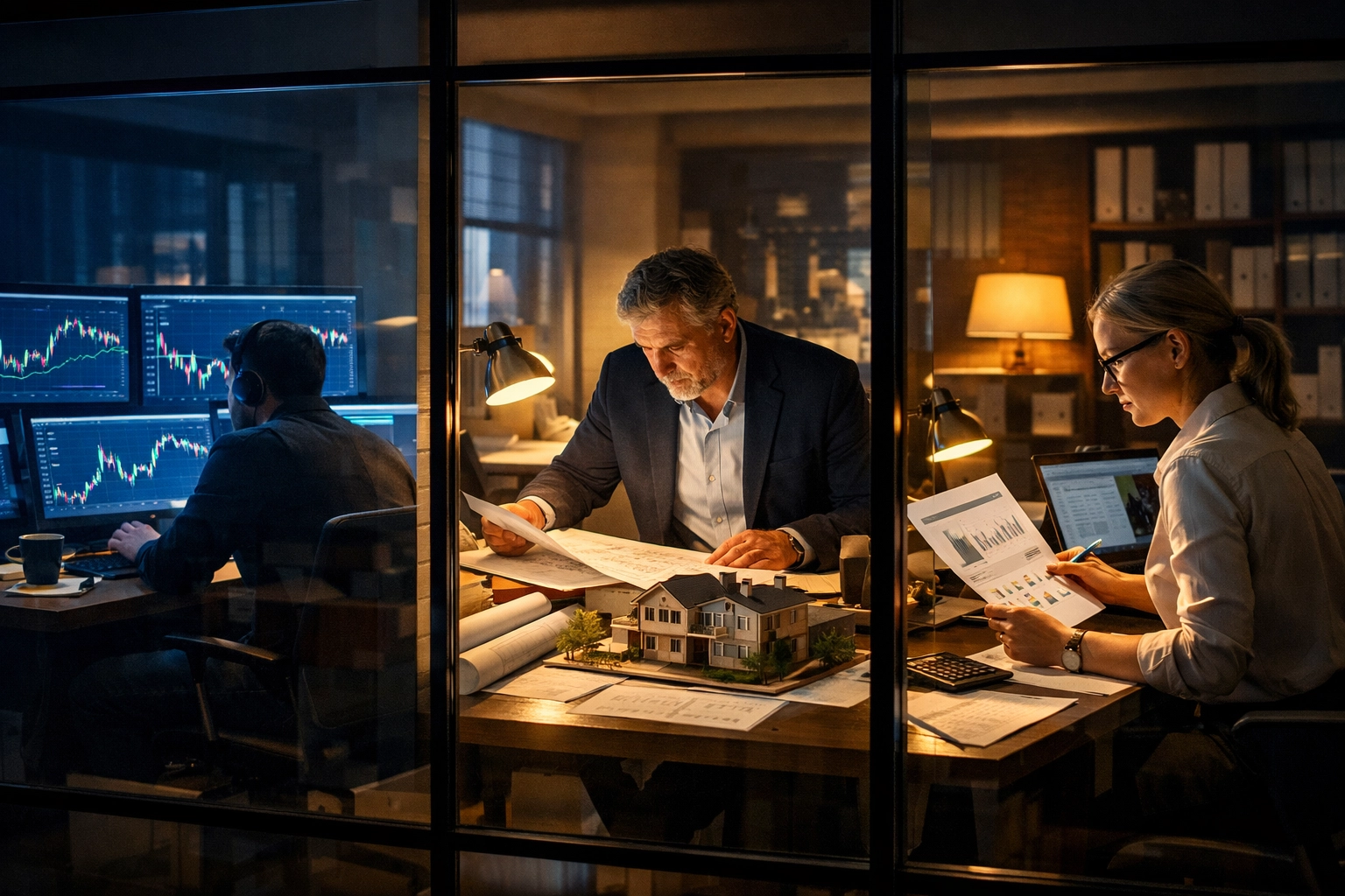 Investment managers analyzing cryptocurrency, real estate, and private equity opportunities