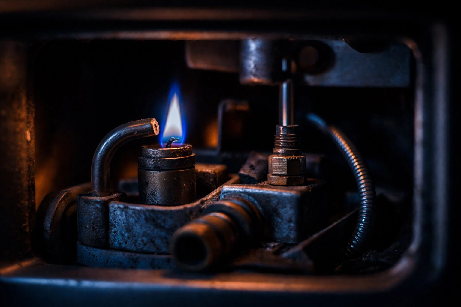 Close-up of gas water heater pilot light, highlighting importance of proper maintenance and repair