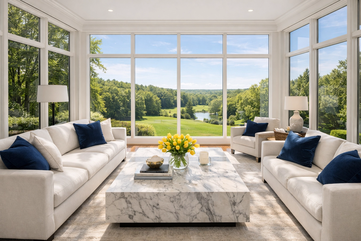Impeccably clean luxury living room in a Lincoln estate, prepared by weekly house cleaning services.