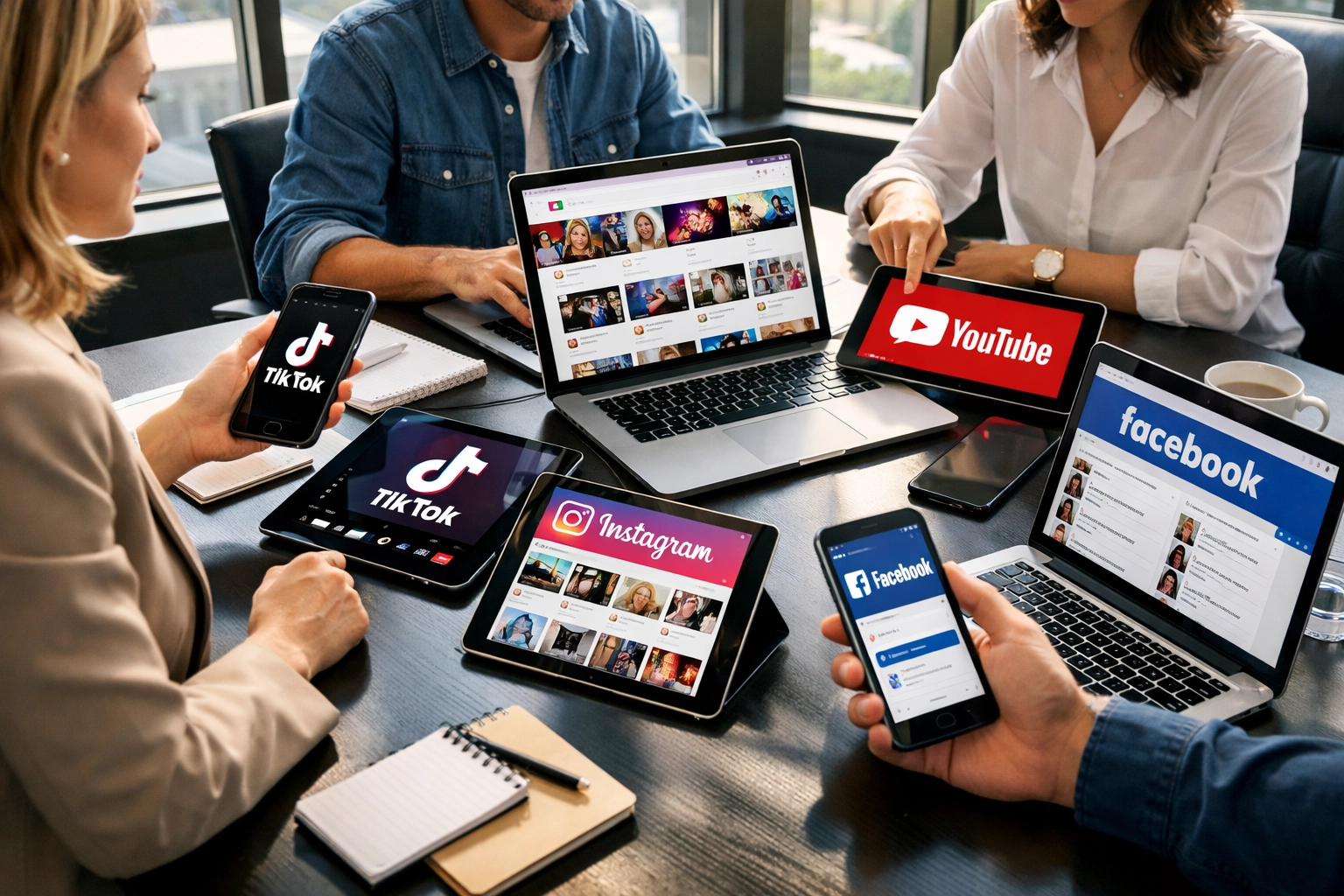 Marketing team collaborating with multiple devices displaying social media platforms for multi-platform advertising strategy