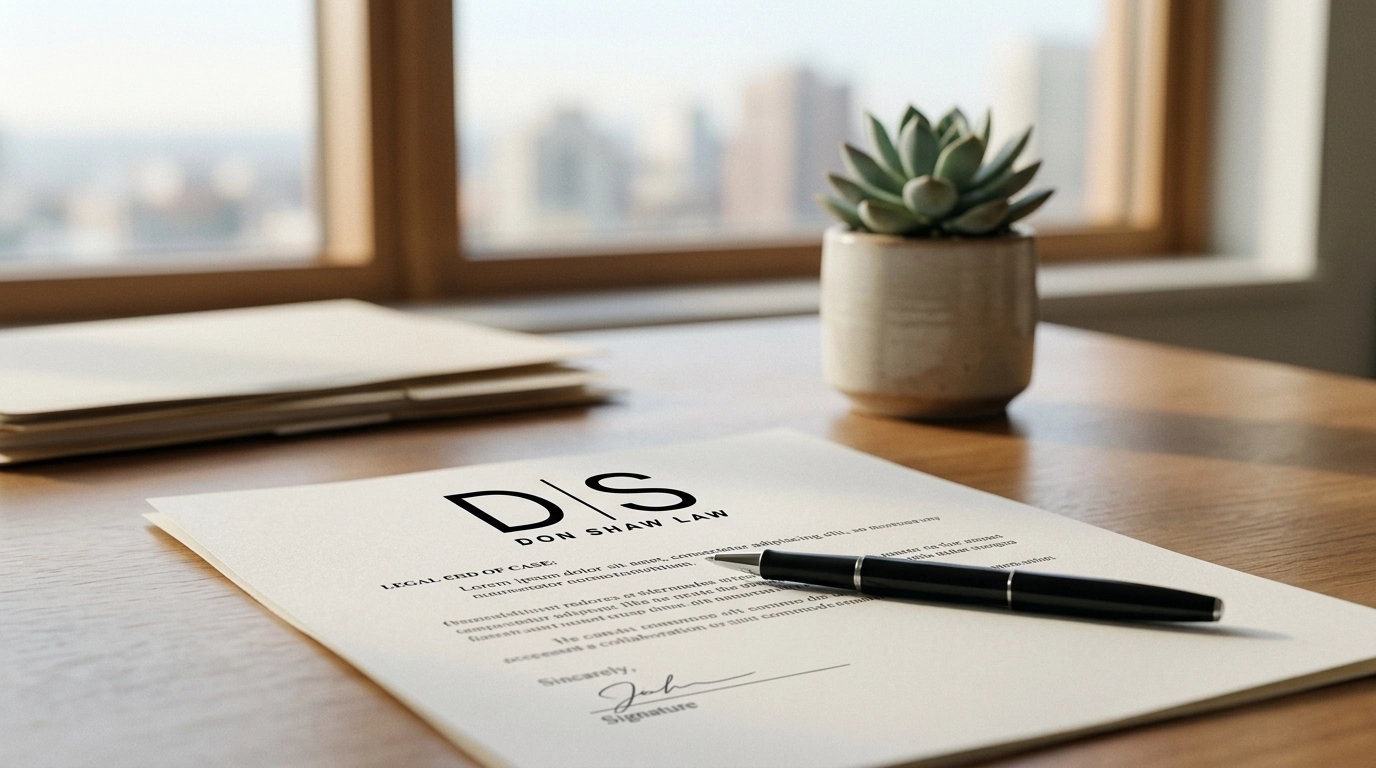 A clean, minimalist workspace with a pen resting on a legal document and a small plant in the background.