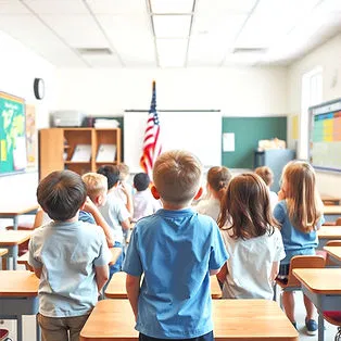 Students standing attentively facing the American flag in an organized classroom