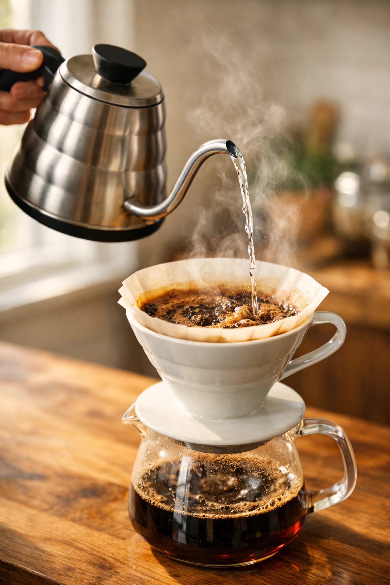 Close-up of pouring water from a gooseneck kettle into a V60 for home pour-over brewing.