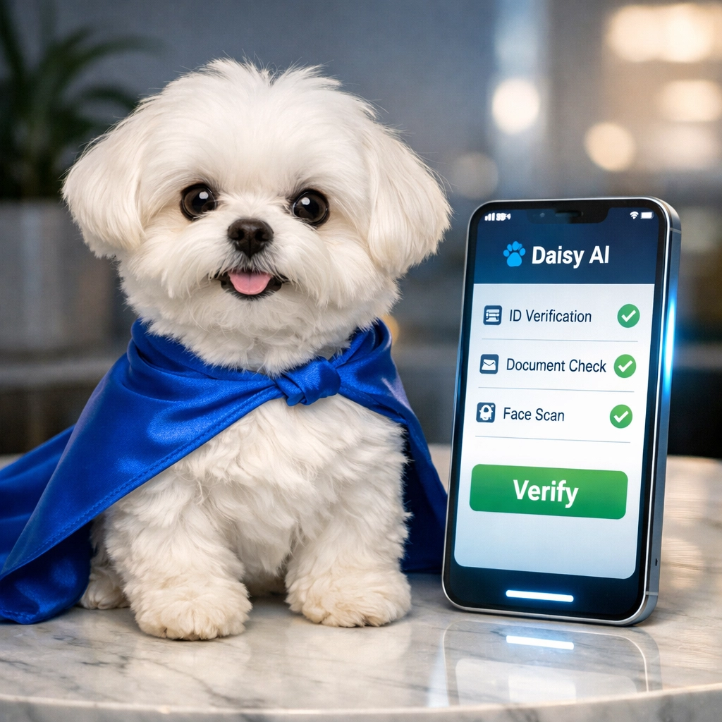 Daisy AI sitting by a smartphone using an online authentication service to verify luxury items at a shop.