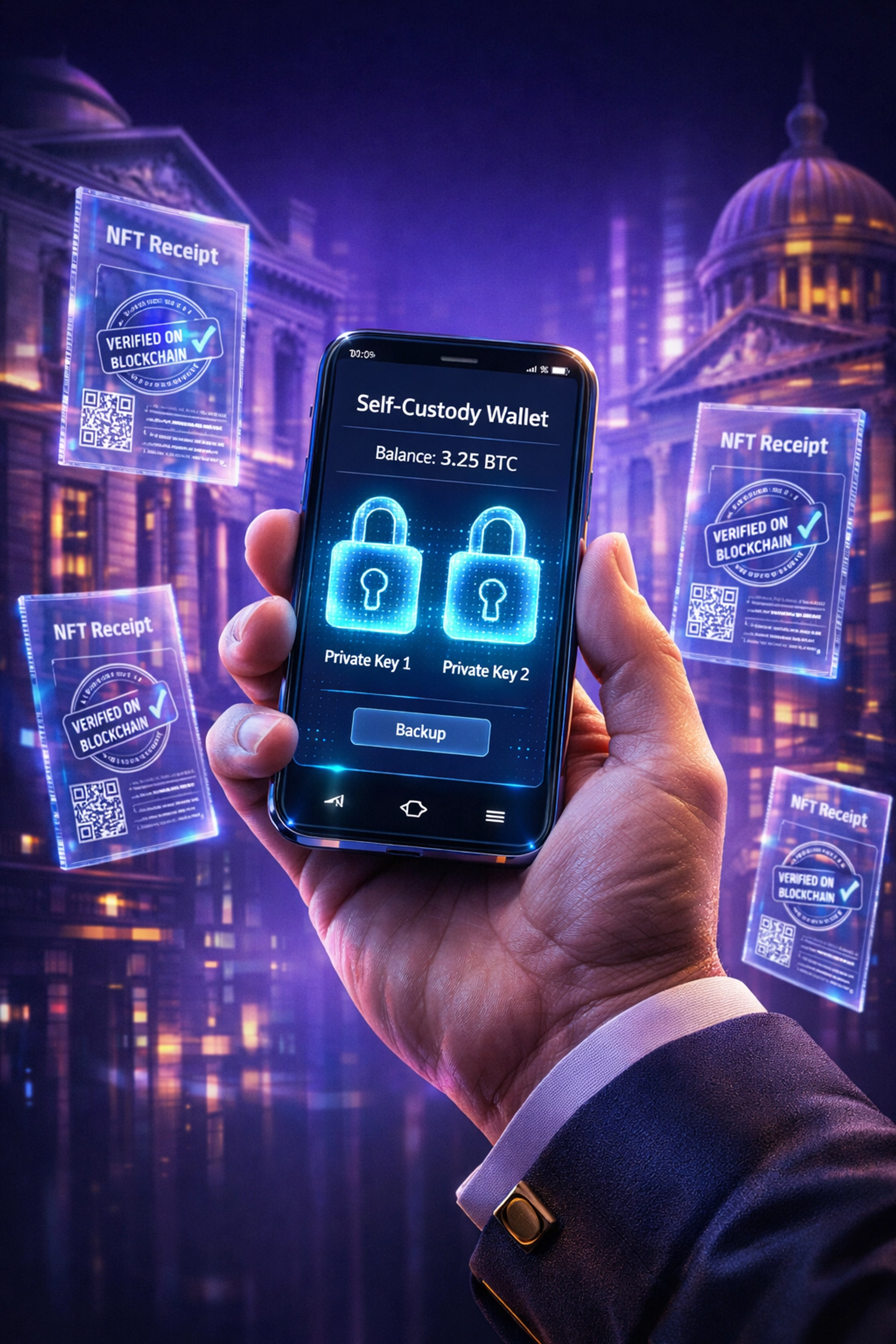 Self-custody merchant wallet with NFT receipts for blockchain-based financial sovereignty