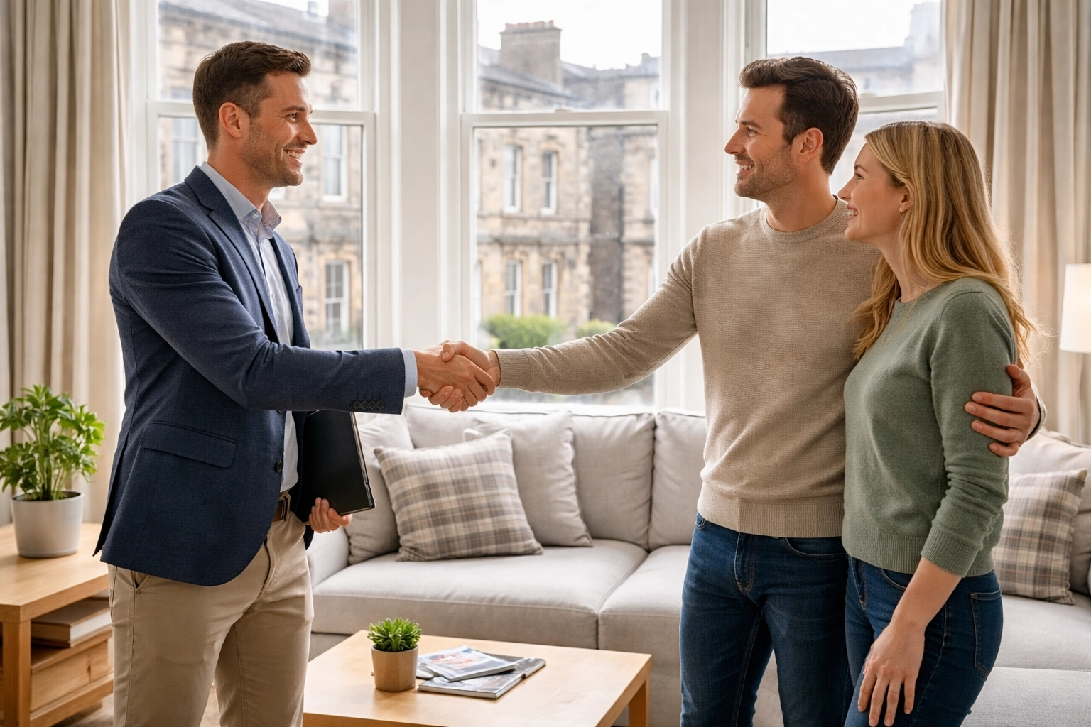 Estate agent shaking hands with couple in bright Scottish living room, showing trust in estate agents Scotland
