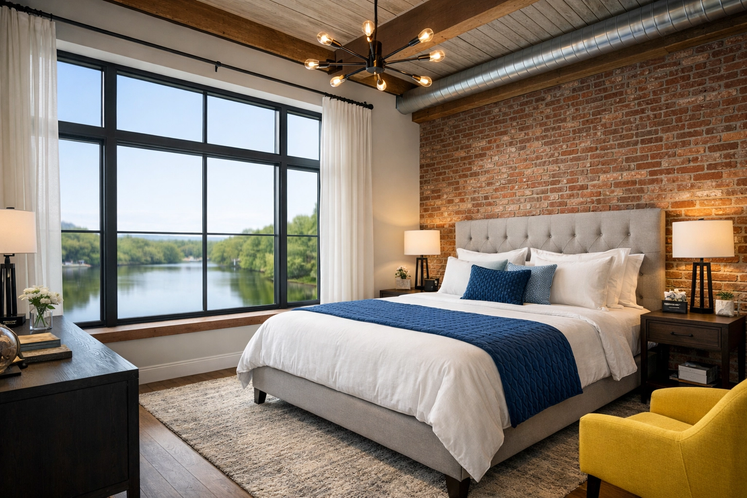 Perfectly cleaned luxury bedroom in Lowell with a view after professional house cleaning services.