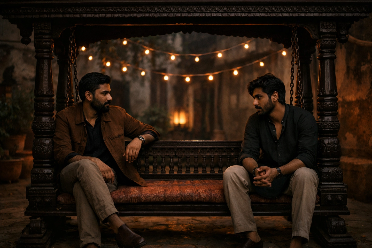 Indian men on traditional swing showing tension between cultural expectations and queer desire