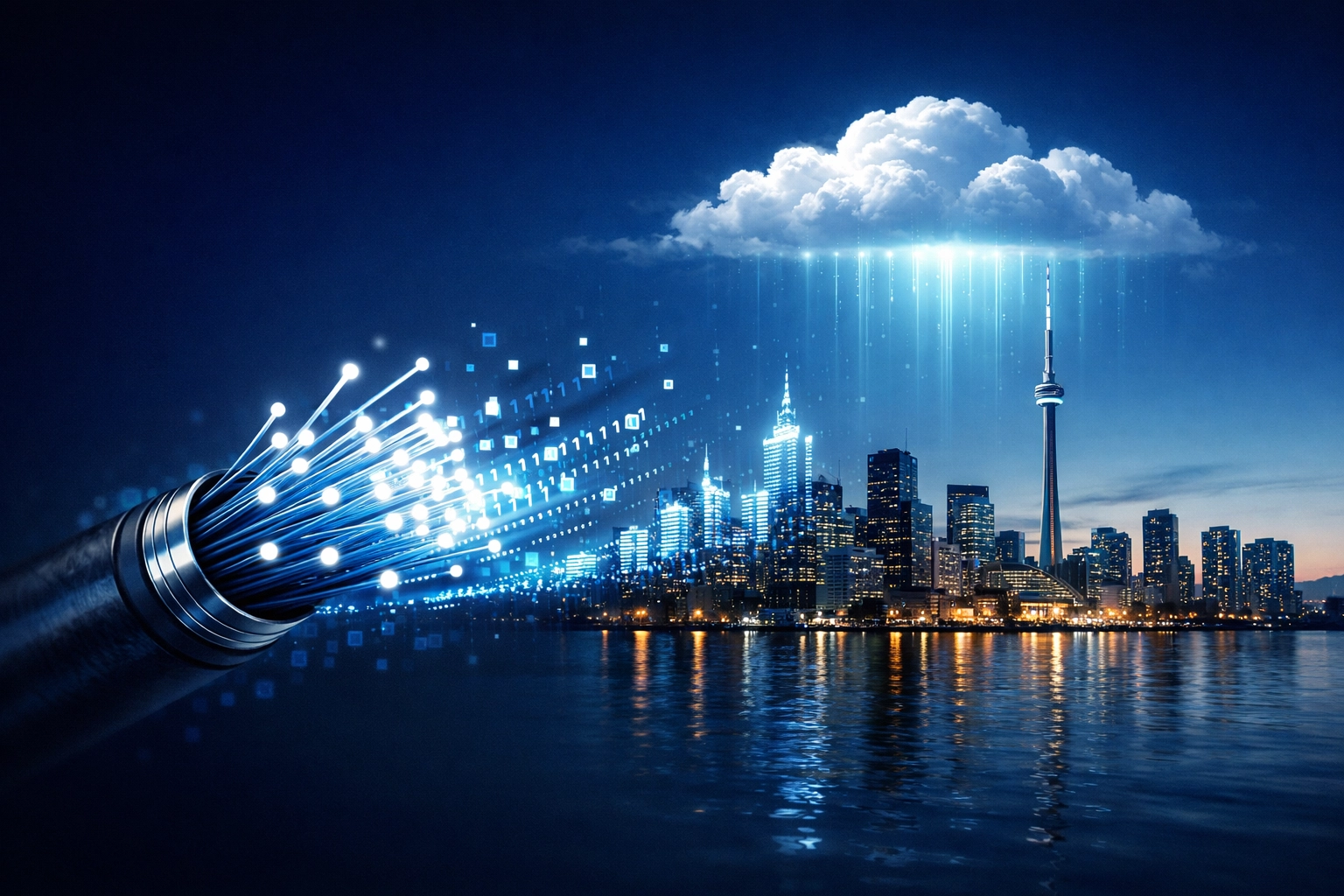Fiber optic cabling connecting Canadian business infrastructure to cloud PBX and telecommunications.