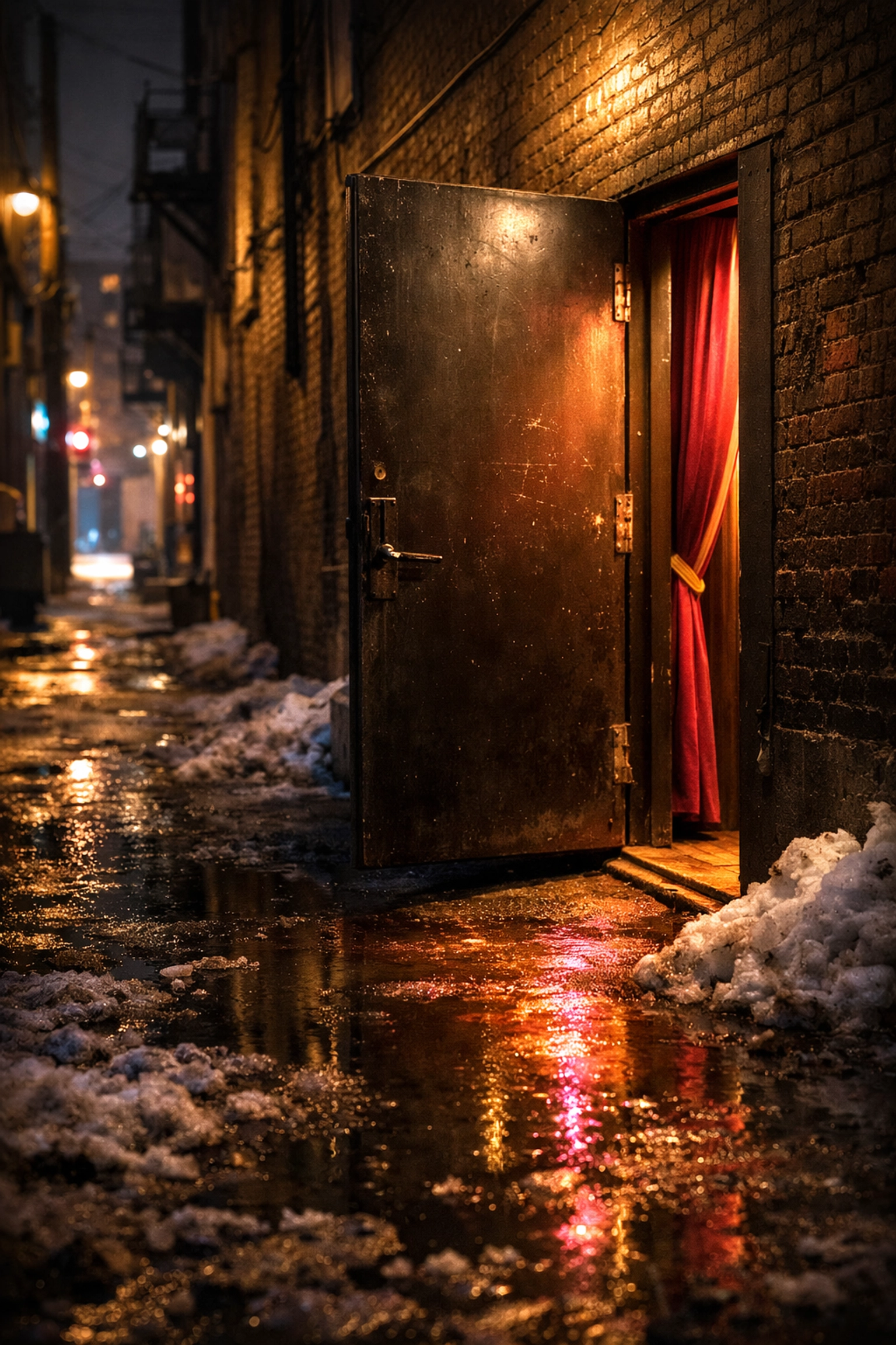 A secret steel door in a Montreal alleyway revealing the glowing interior of a hidden bar.