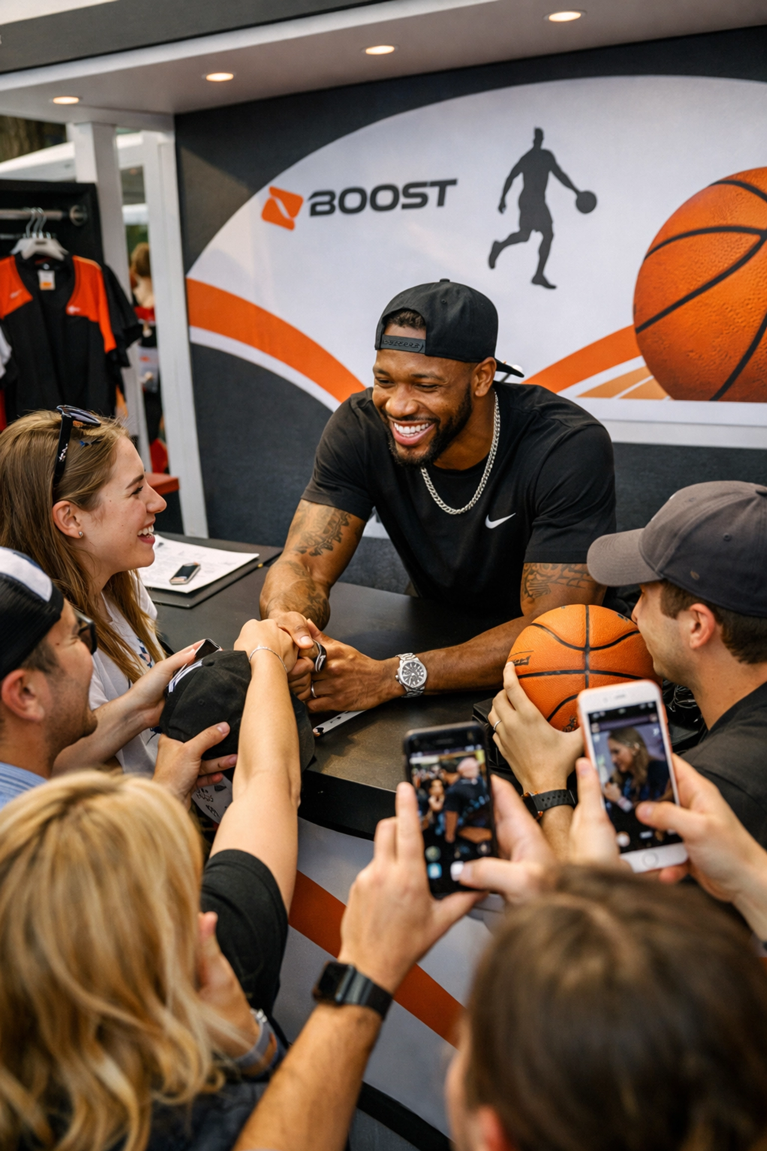 NFL athlete engaging with fans at brand activation booth creating authentic connections