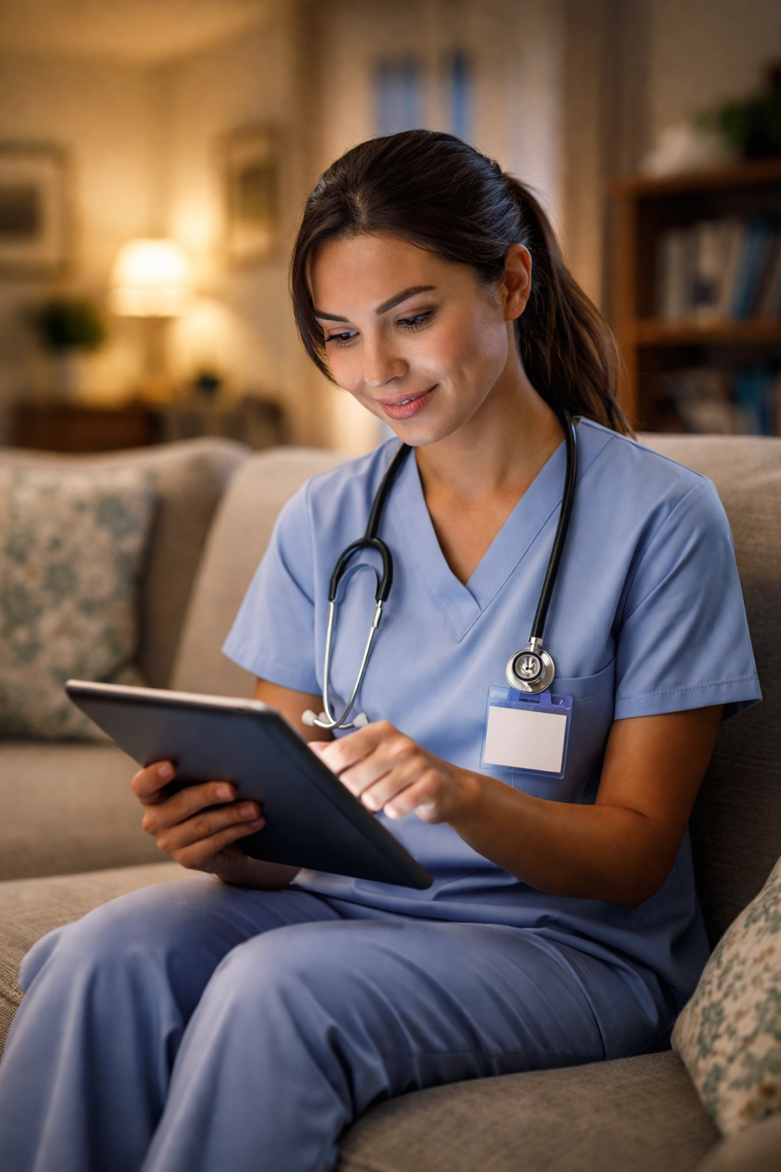 Home health clinician using tablet for patient charting, showcasing medical dictation software in the field