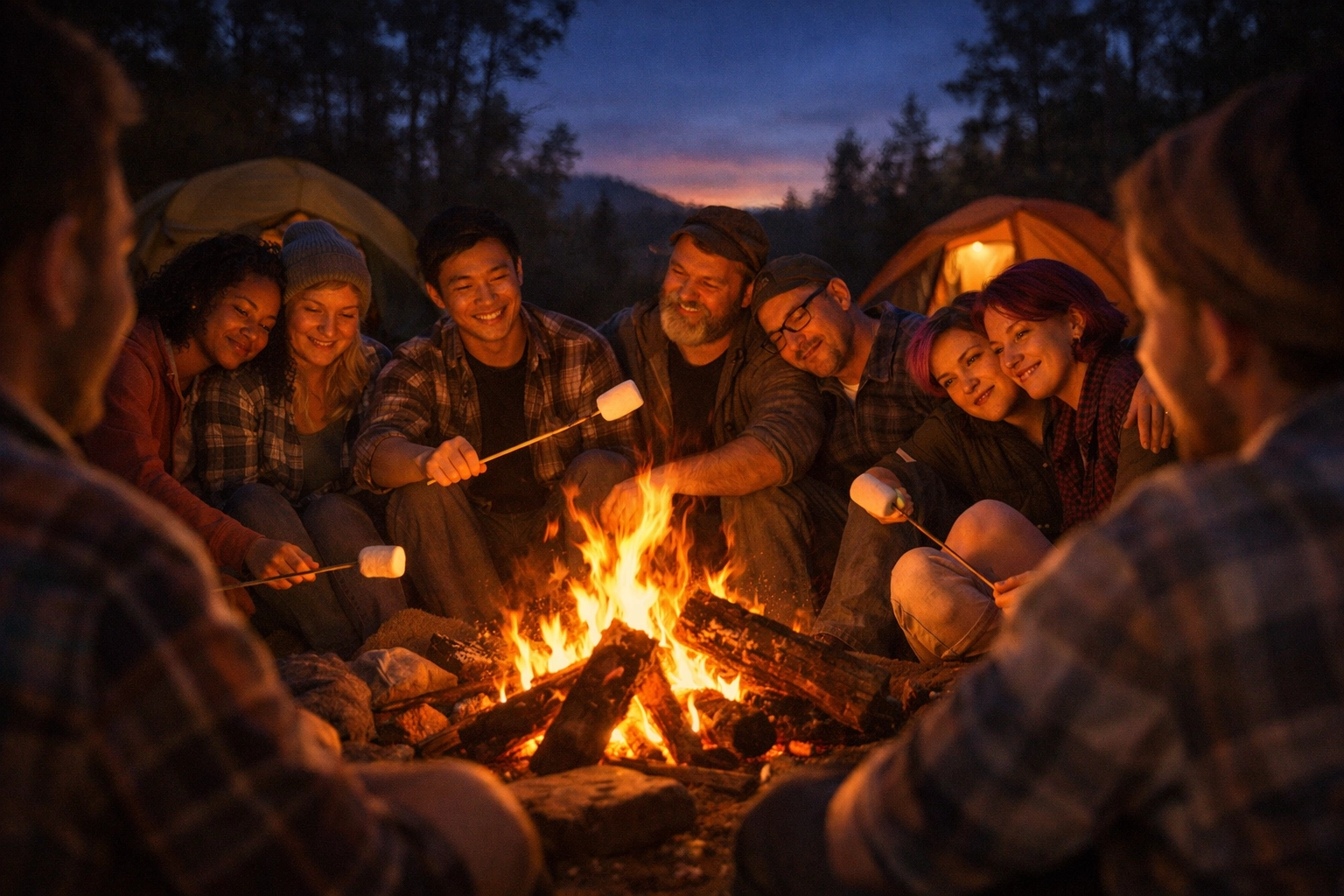 Queer friends and couples sharing campfire at LGBTQ+ inclusive camping trip