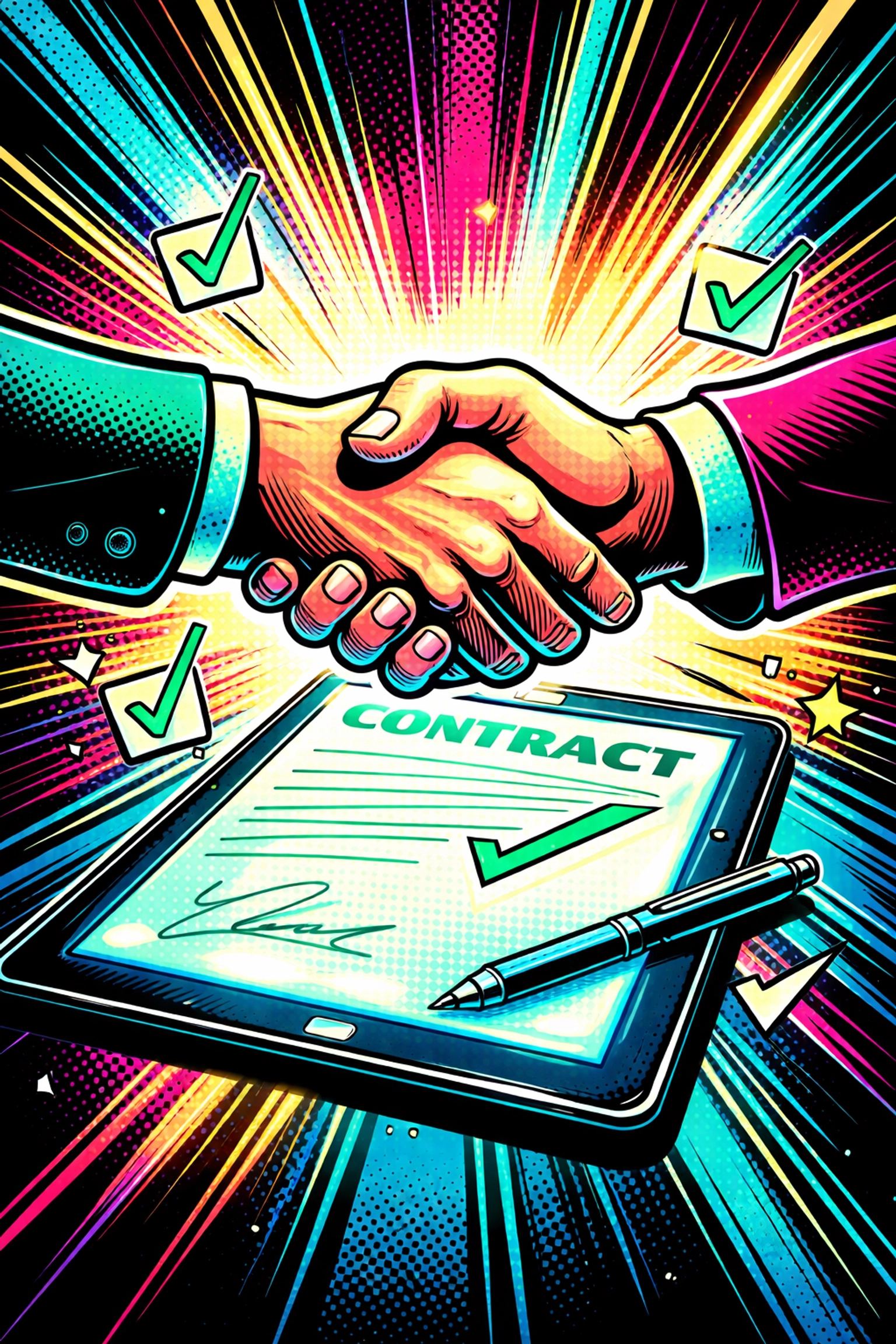 Close-up handshake over digital contract, signifying automated deal closure and seamless sales pipeline management
