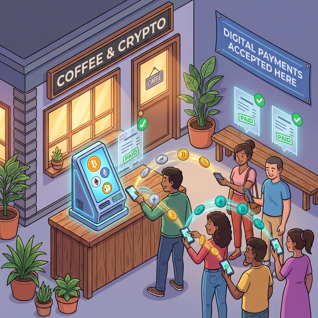 Small business storefront accepting crypto payments, illustrating easy LUSD stablecoin acceptance with reduced fees and instant settlement.