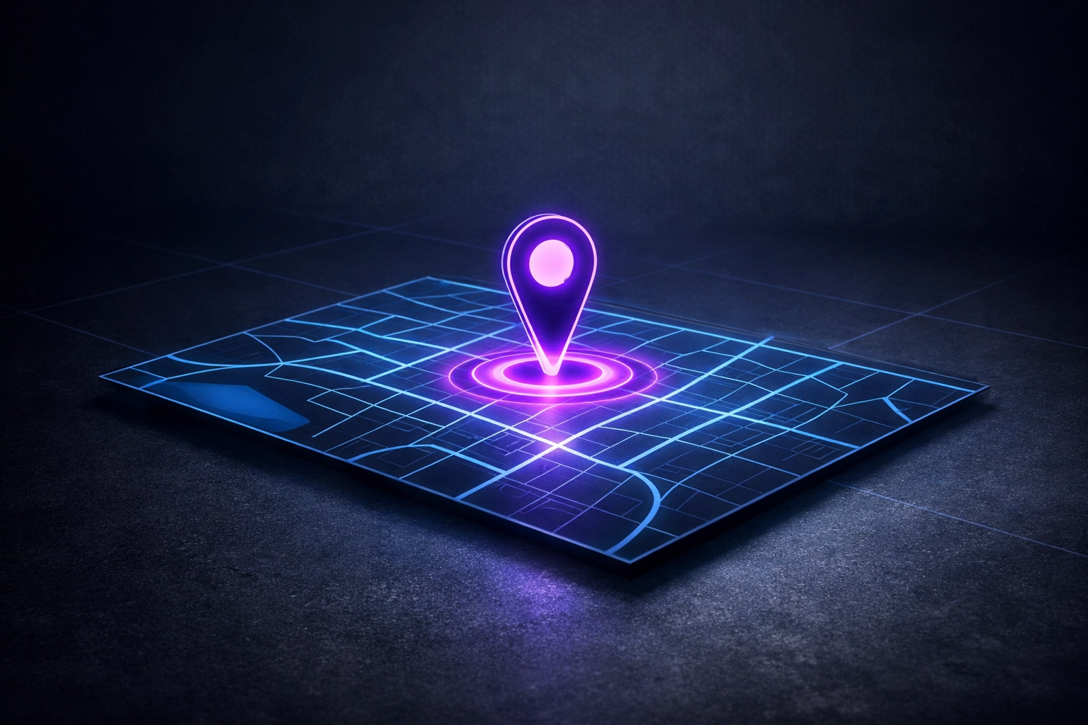 Holographic map with a neon pin highlighting a local business location for AI SEO optimization.