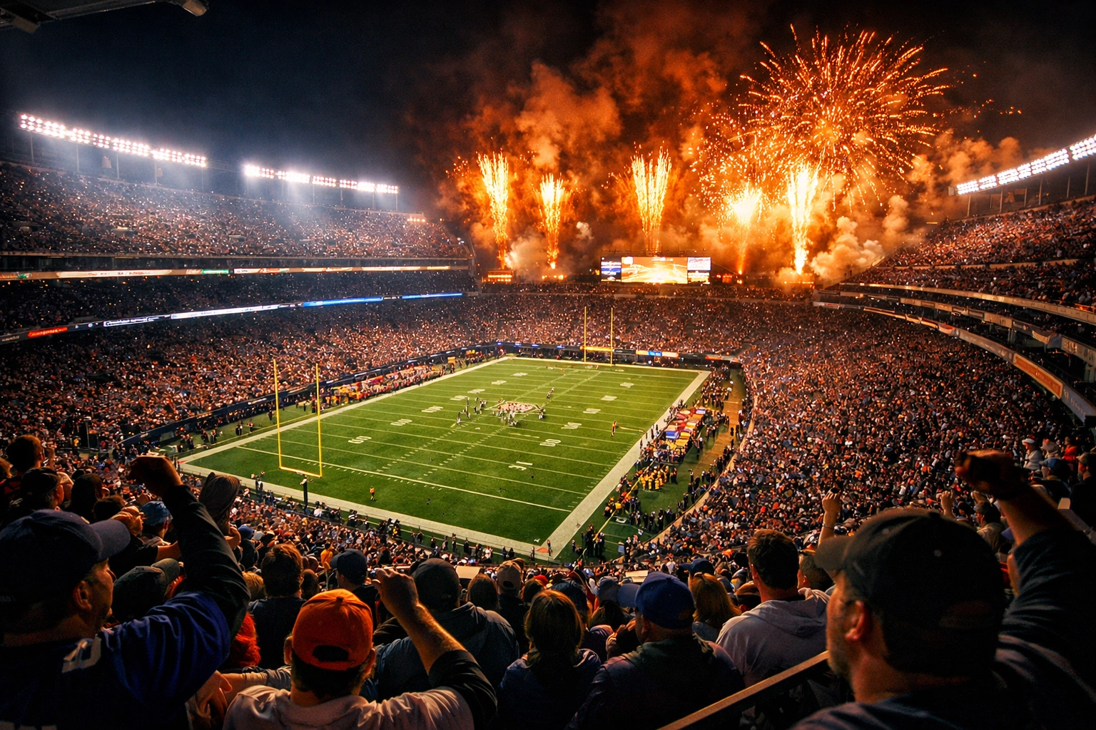 Vibrant championship football stadium showing the massive audience reach of a Super Bowl campaign.