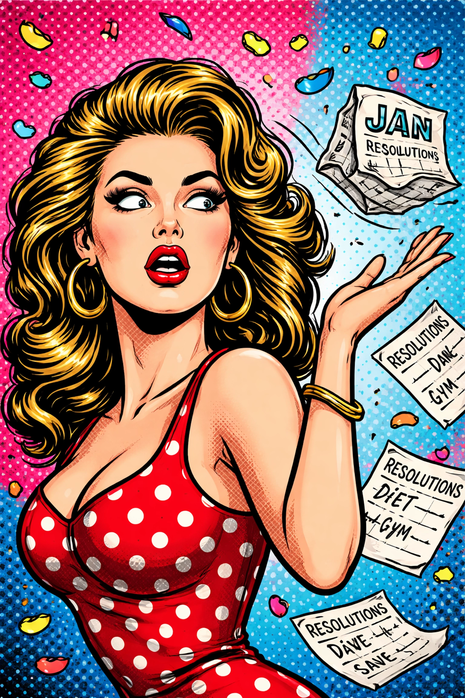 Pop art woman tossing calendar, rolling eyes at failed New Year's resolutions and Quitter's Day