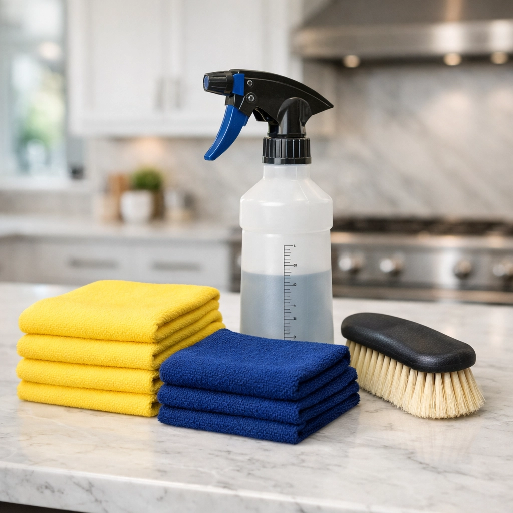 Professional house cleaning supplies on a clean marble island for high-standard service in Leominster MA.