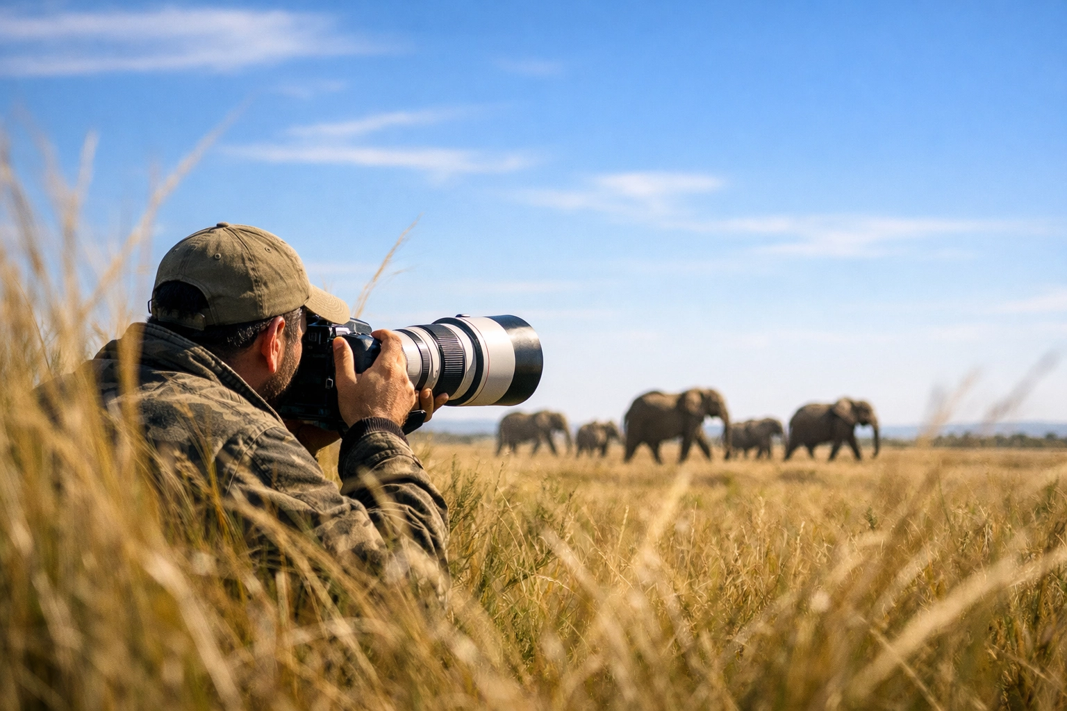 Wildlife photographer documenting a herd of elephants to support conservation marketing campaigns.