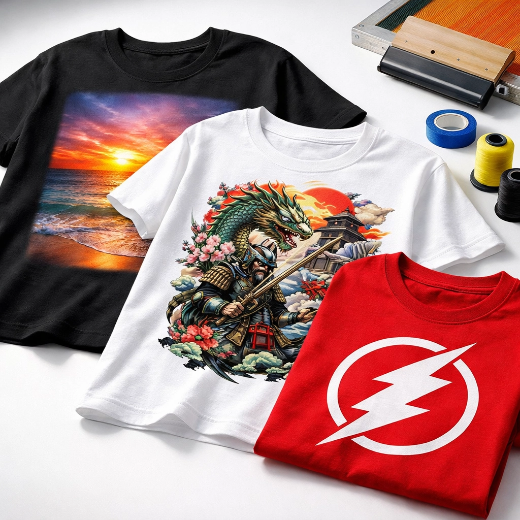Custom printed t-shirts displaying DTF gradient designs and screen print graphics