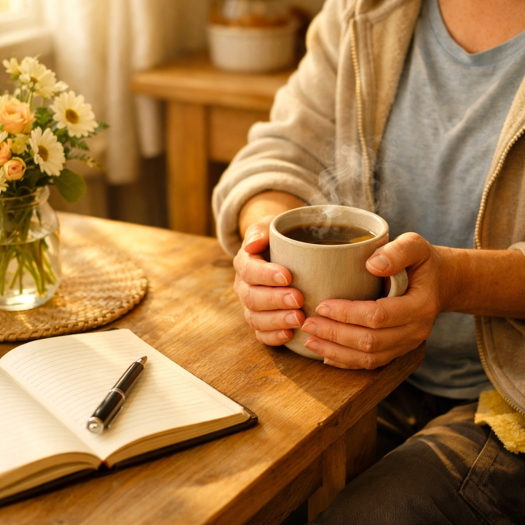 Cleaning professional enjoying peaceful Saturday morning with coffee and journal