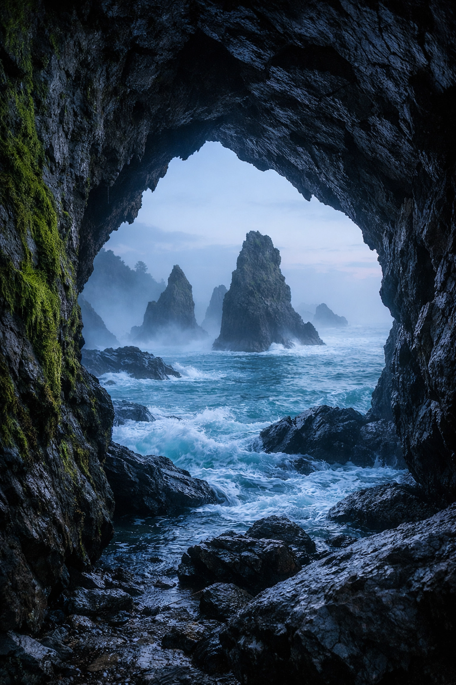 A secluded sea cave at dawn along a rugged coast, a hidden photo spot for landscape photographers.