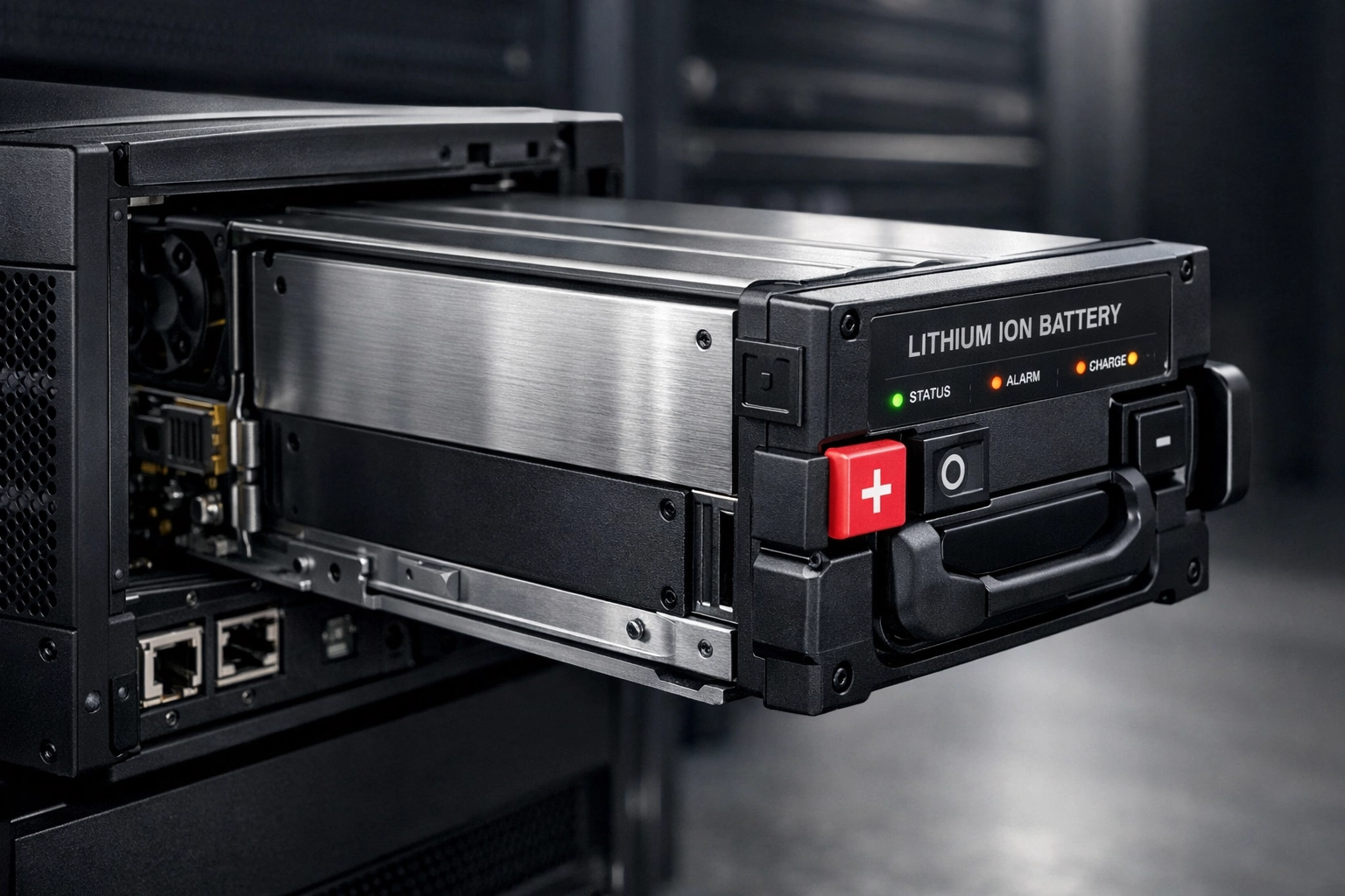 Technician installing a lithium-ion battery module into a modular UPS system for scalable AI power protection.