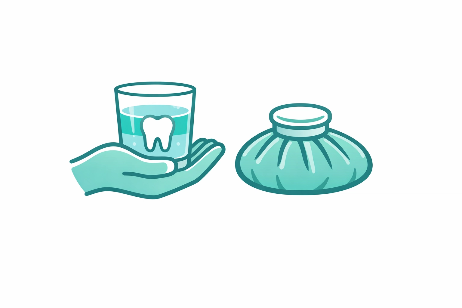 Dental first-aid illustration showing preservation of a lost tooth and use of a cold compress.