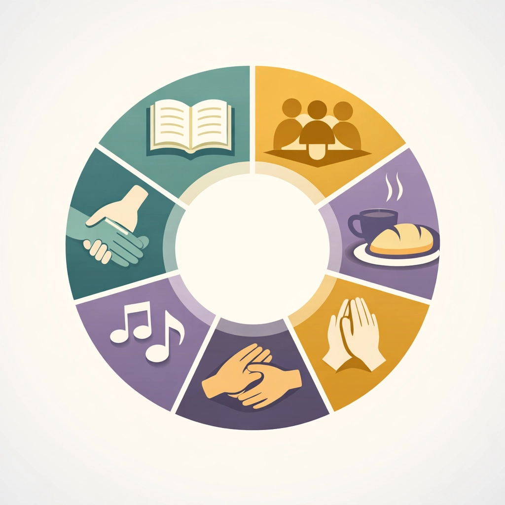 Circular diagram showing six key elements of biblical church community and balanced ministry