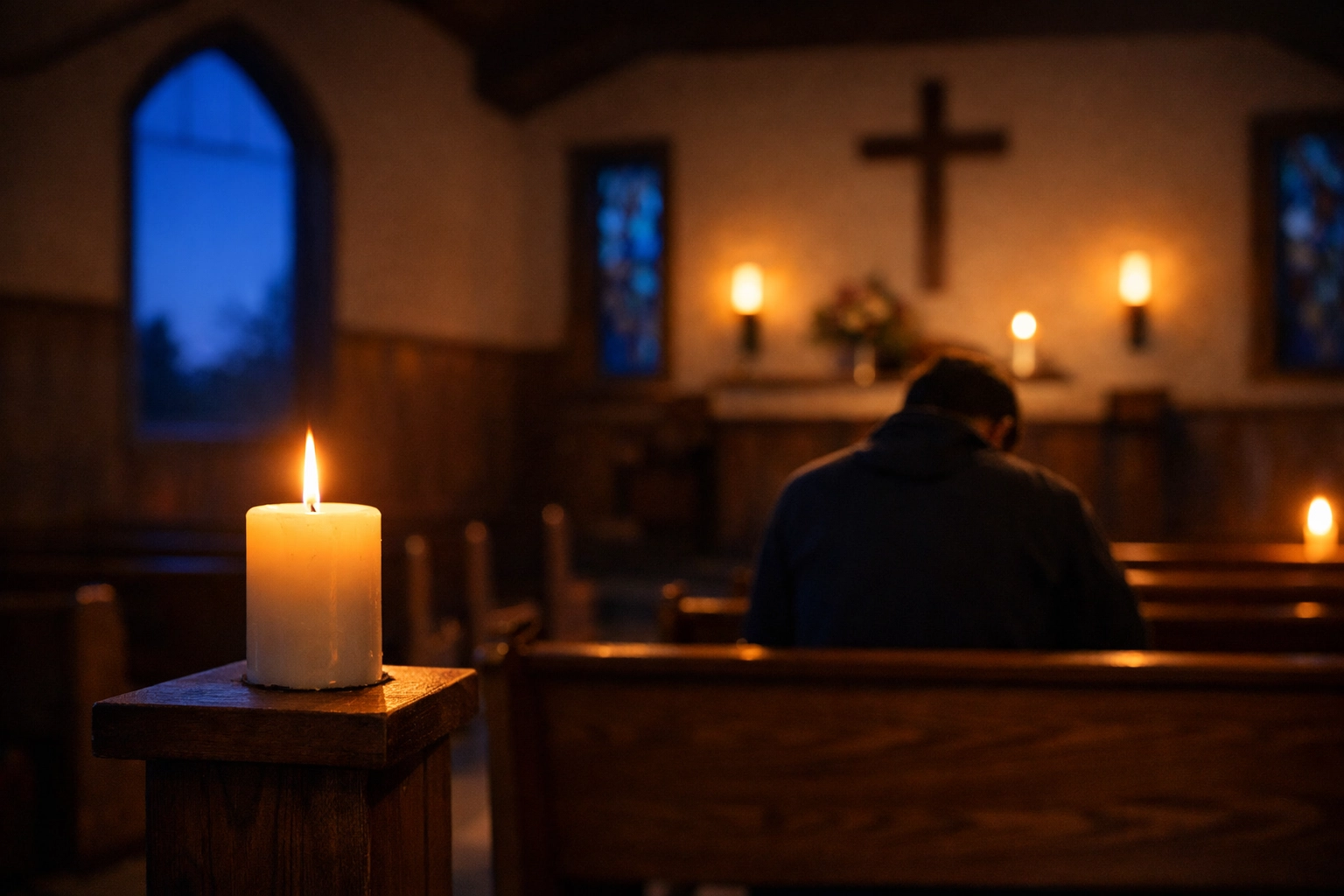 A person praying in a serene chapel interior, reflecting the power of a prayer request in a small church.
