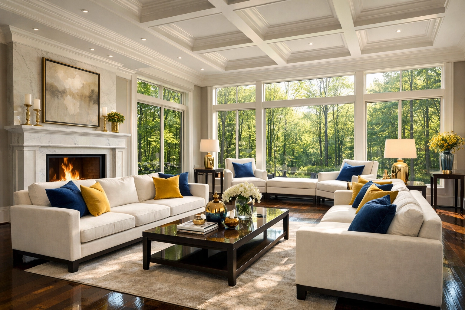 Luxury cleaning in Dover for large estate living rooms with pristine polished hardwood floors.