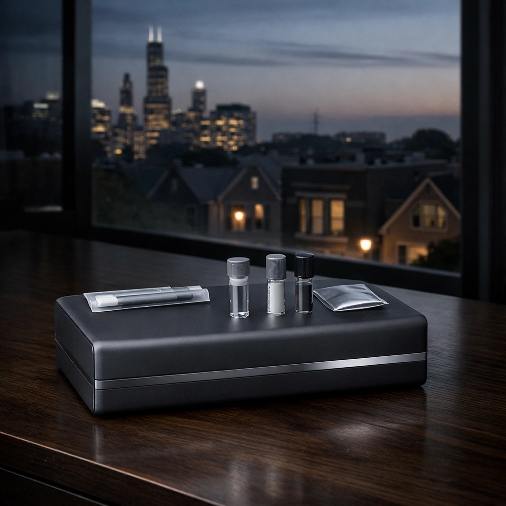 Confidential mobile DNA collection kit at a Chicago residence, highlighting patient privacy.