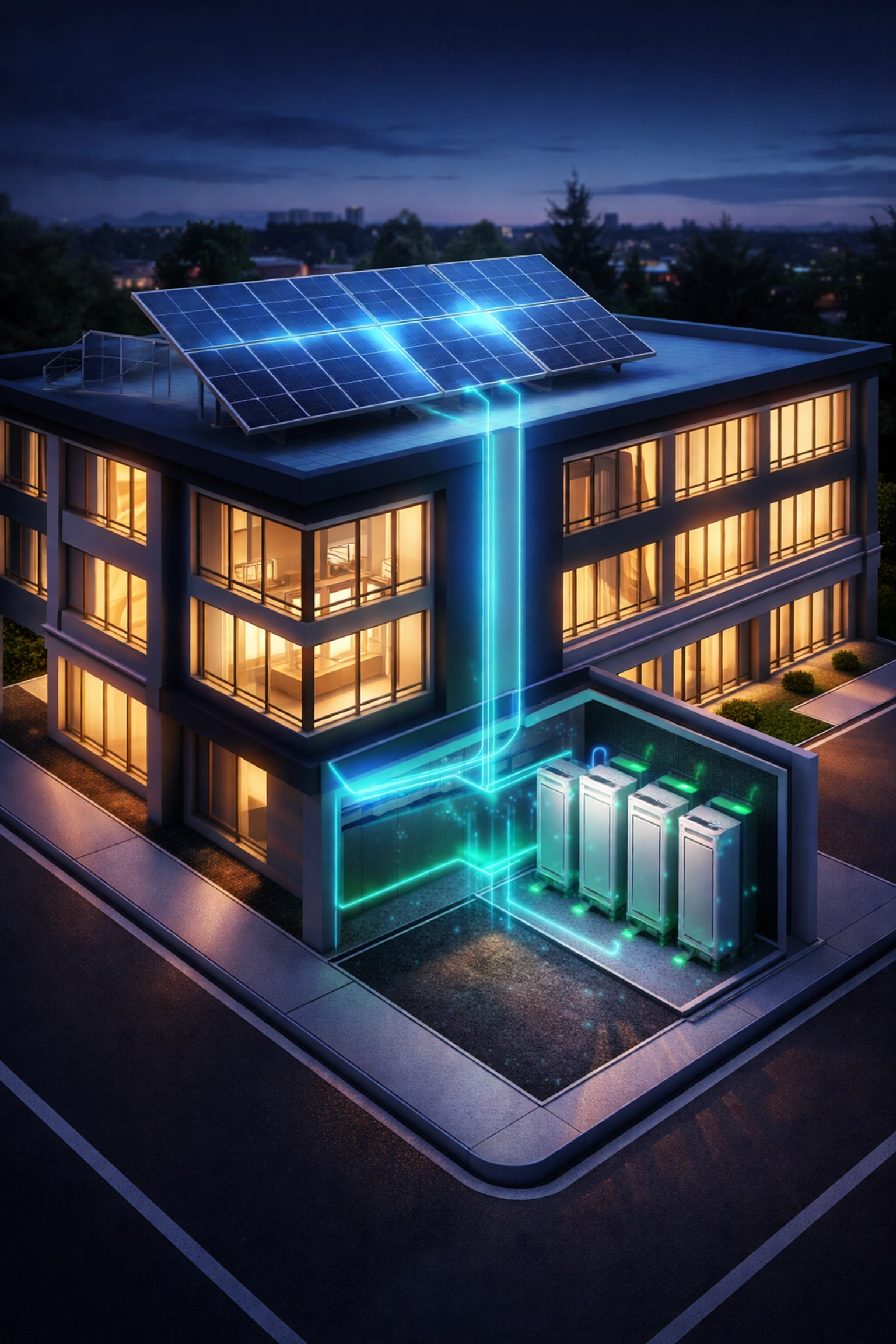 Modern commercial building in UK using solar panels and battery storage for energy efficiency
