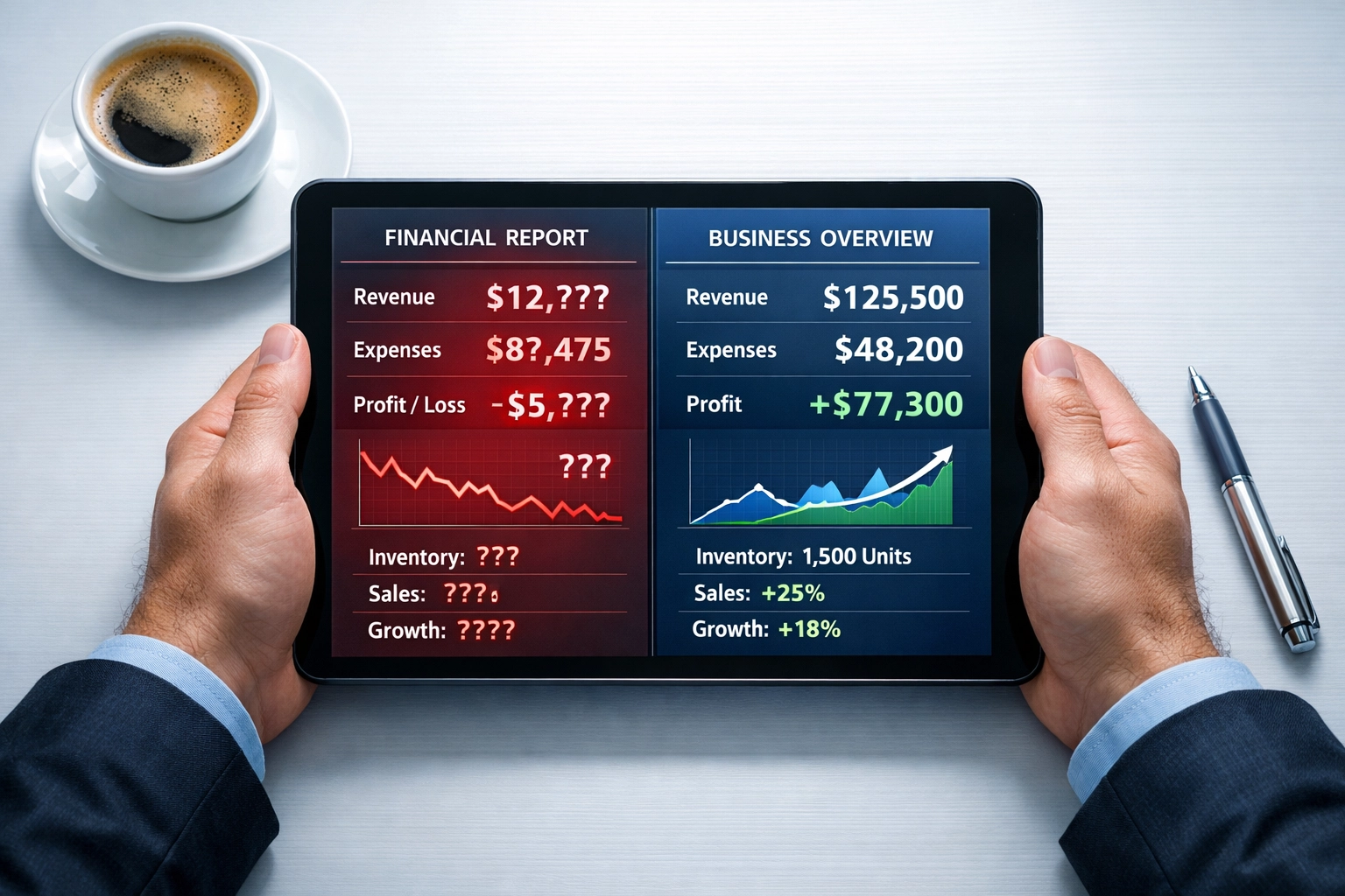 Business owner reviewing inaccurate financial data vs clean records