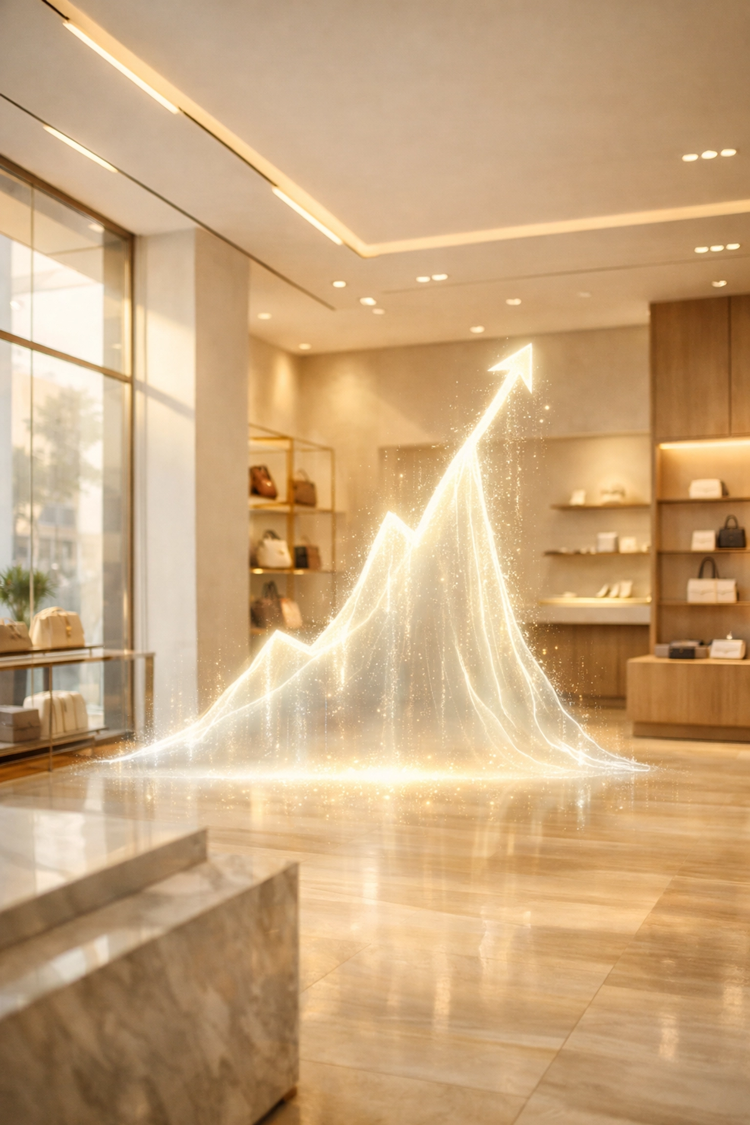 A modern retail store with a growth hologram representing merchant success with Larecoin AI payments.