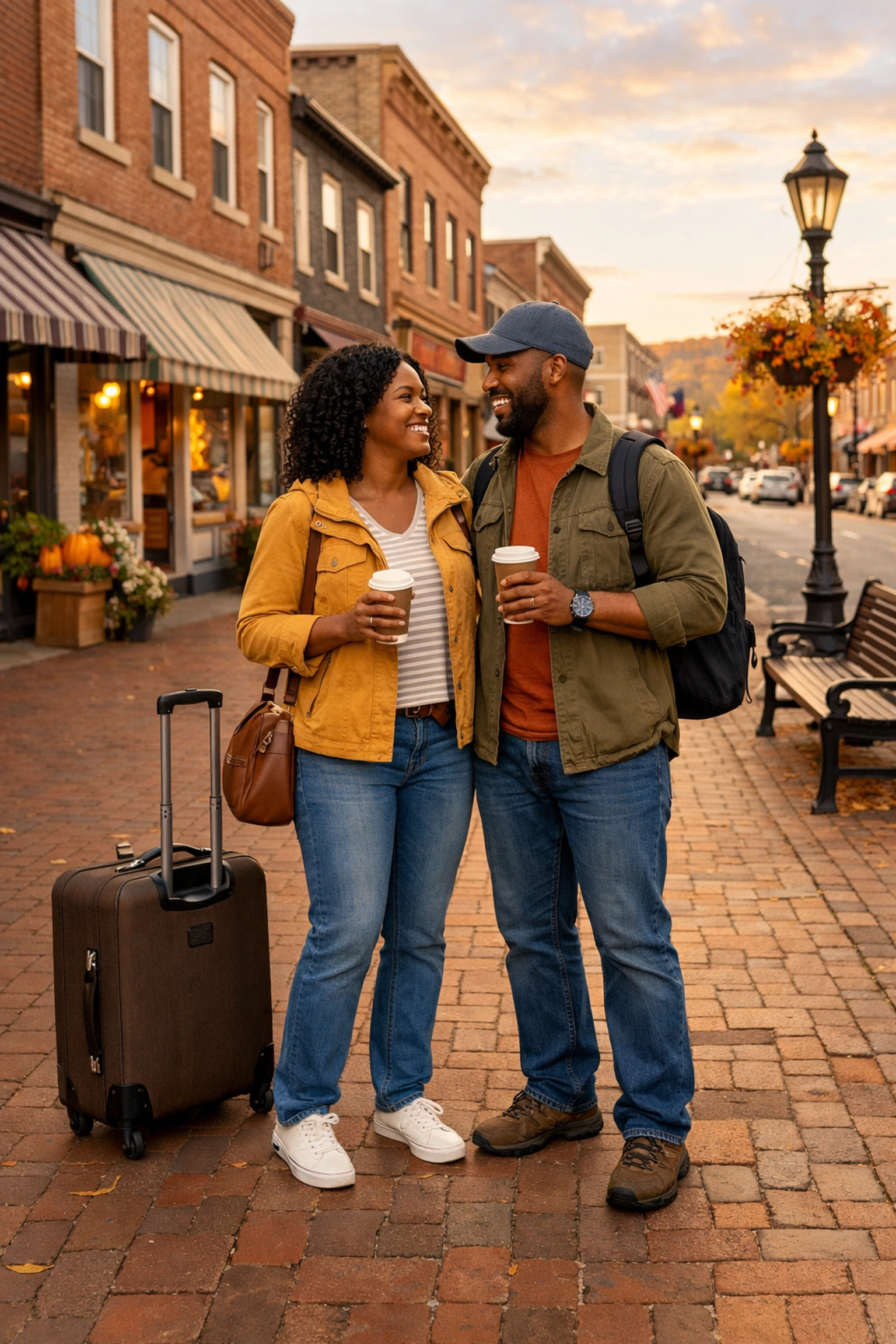 Couple enjoying weekend getaway on small-town Main Street for stress-free regional travel