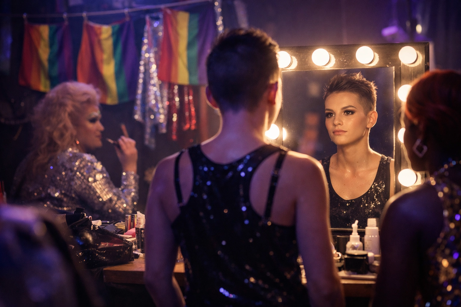 LGBTQ+ performers preparing backstage at Eurovision contest with rainbow flags
