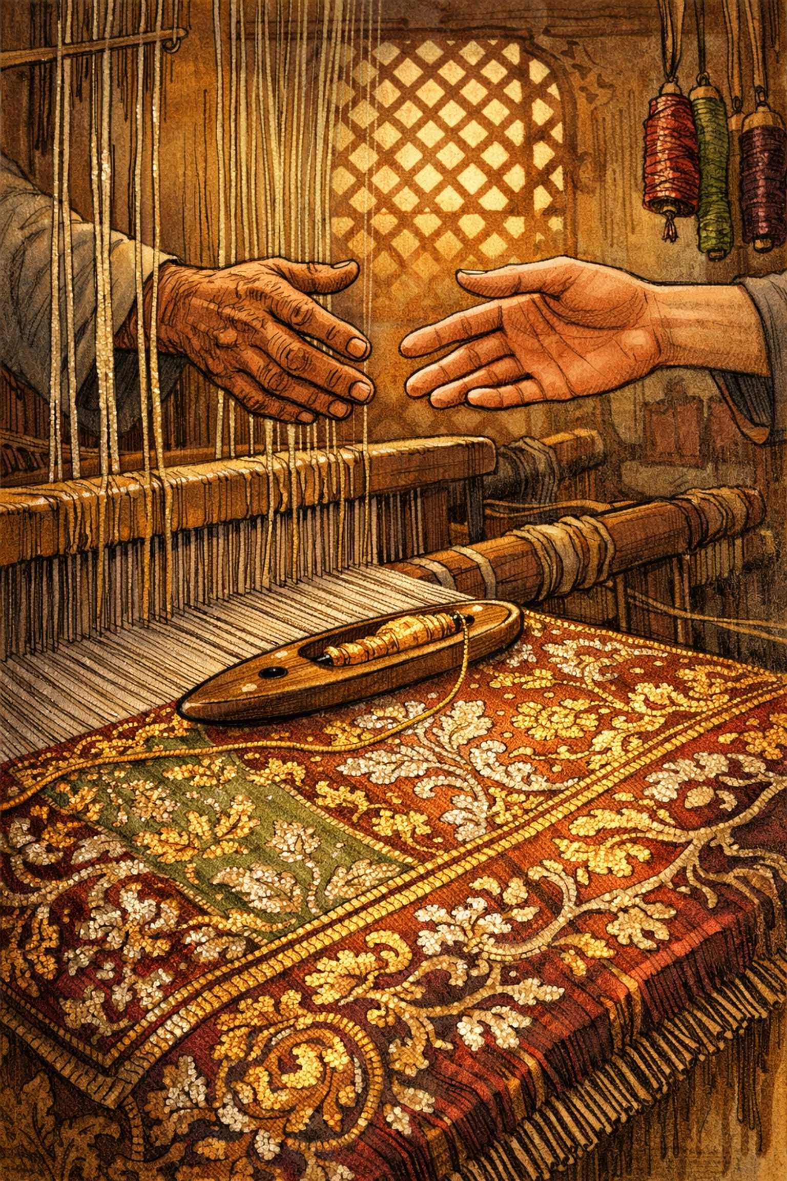 Traditional Moroccan weaving loom with two men's hands reaching across silk threads