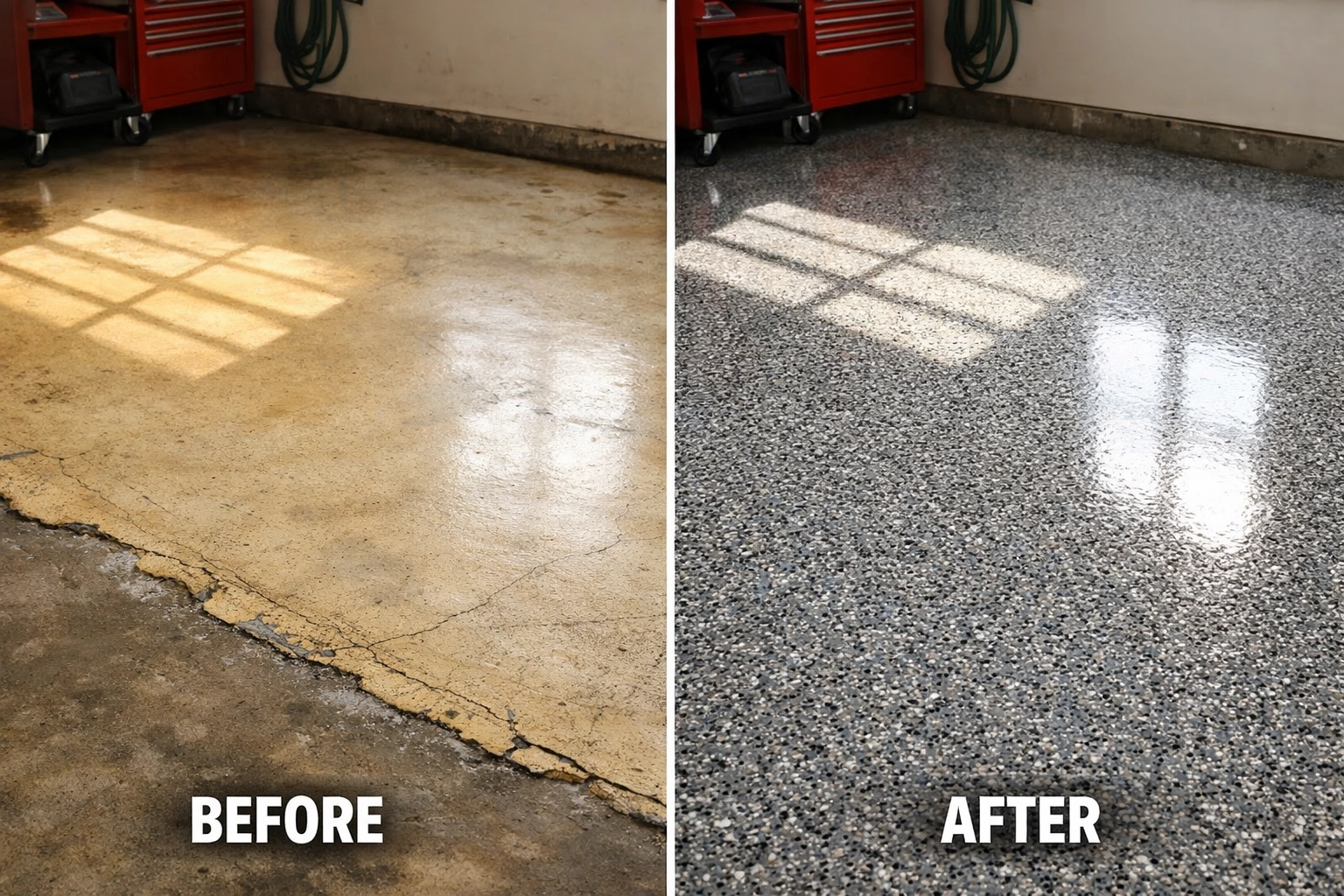 Before and after comparison showing UV-damaged epoxy vs. durable polyaspartic garage floor coating