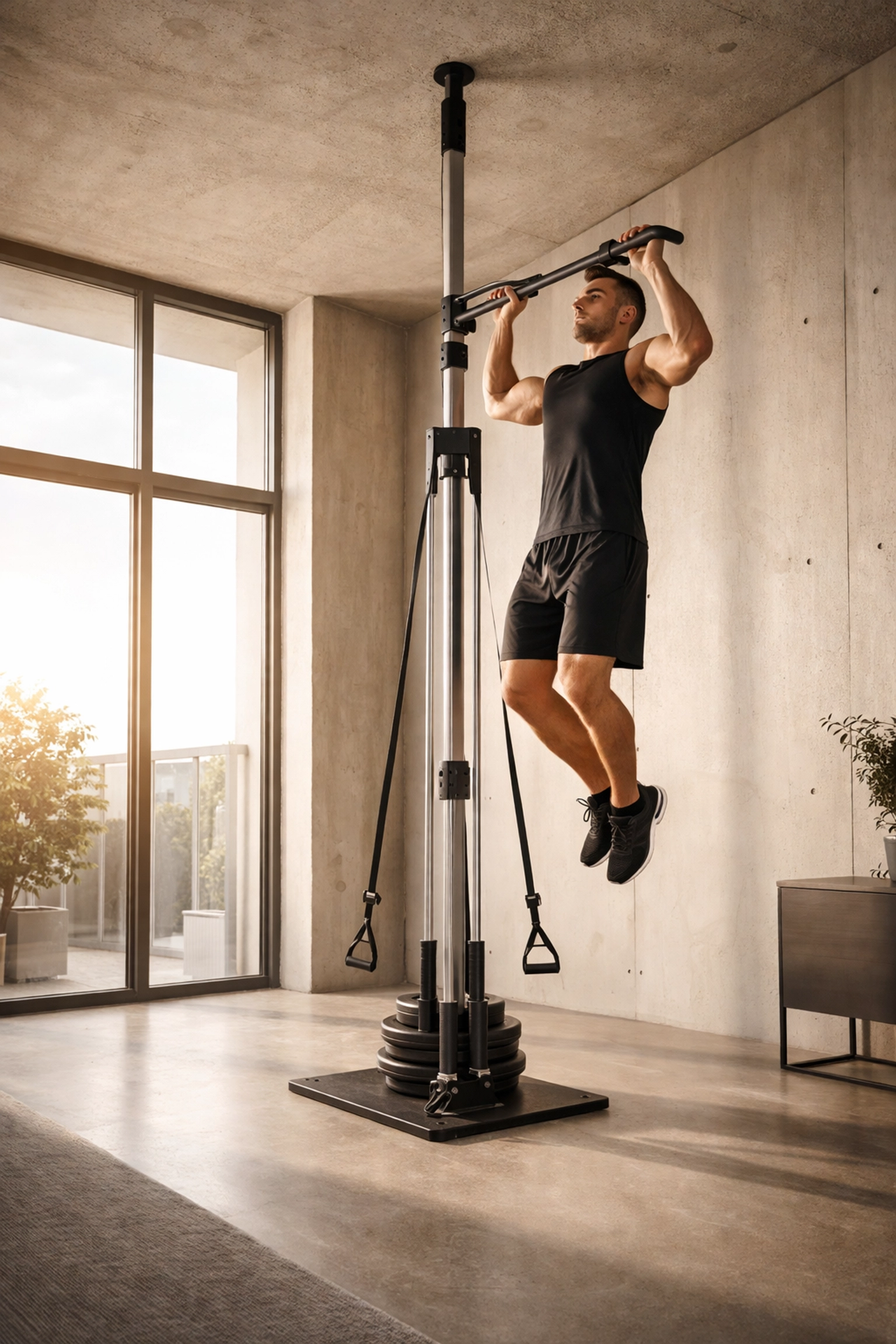 Athlete using floor-to-ceiling tension fitness system for pull-ups in a modern home gym setup