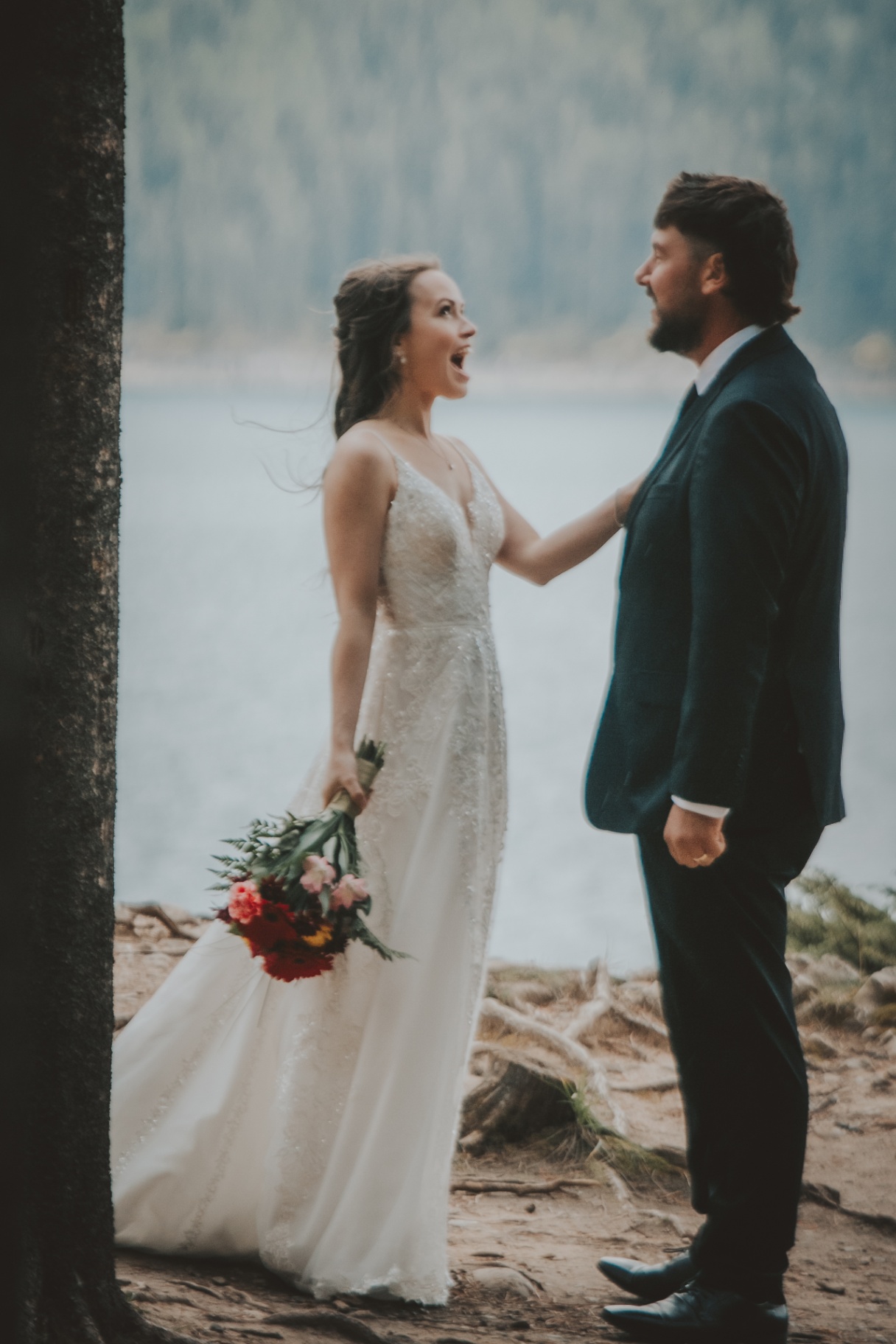 Bride and Groom First Look at Lakeshore