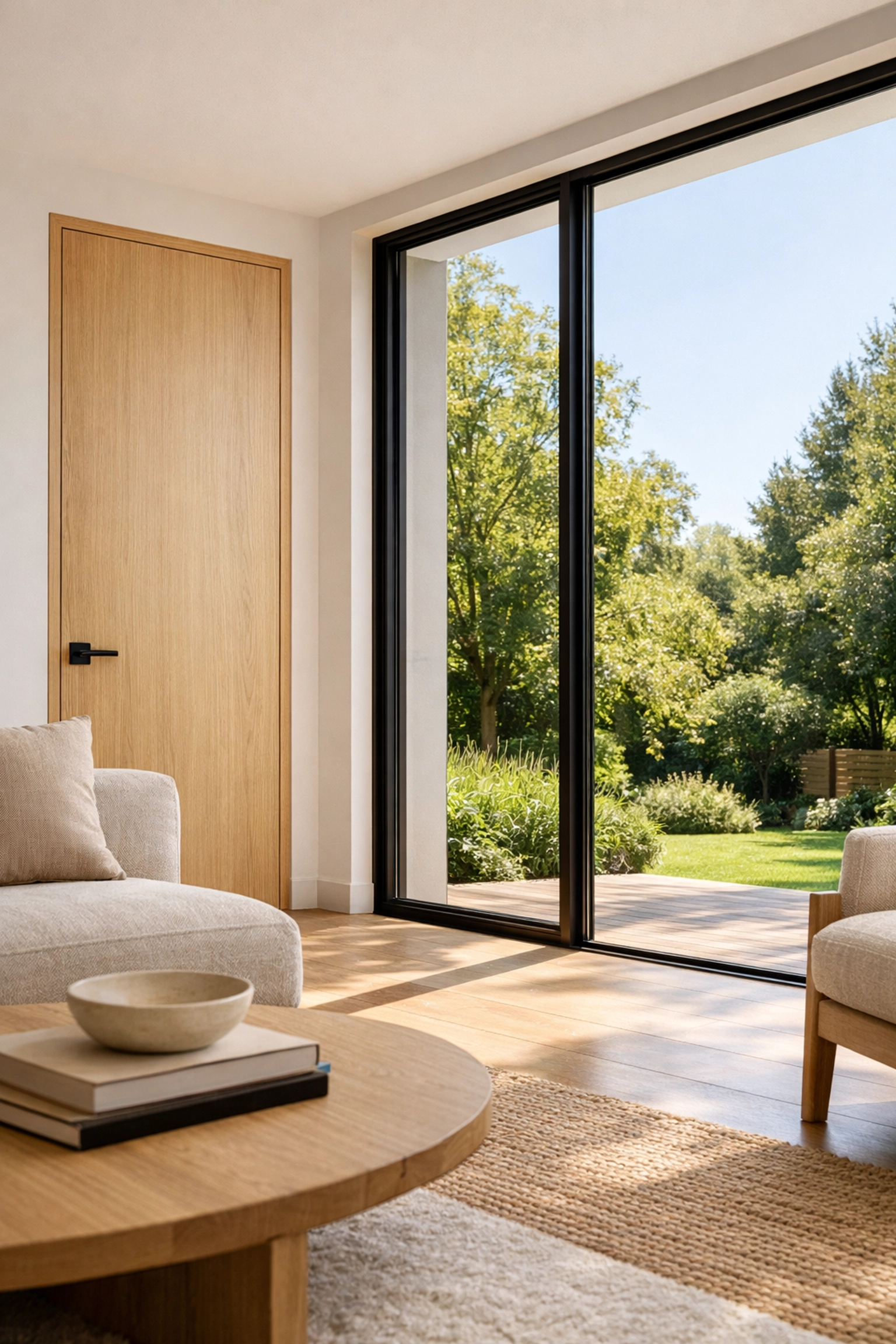 Modern NJ living room with minimalist white oak interior door and thin-frame casement windows.