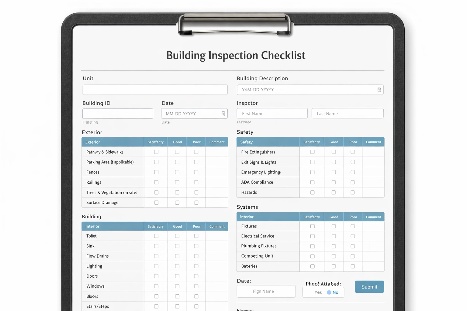 Digital building inspection checklist form used by PMI Beltline to ensure thorough documentation and compliance