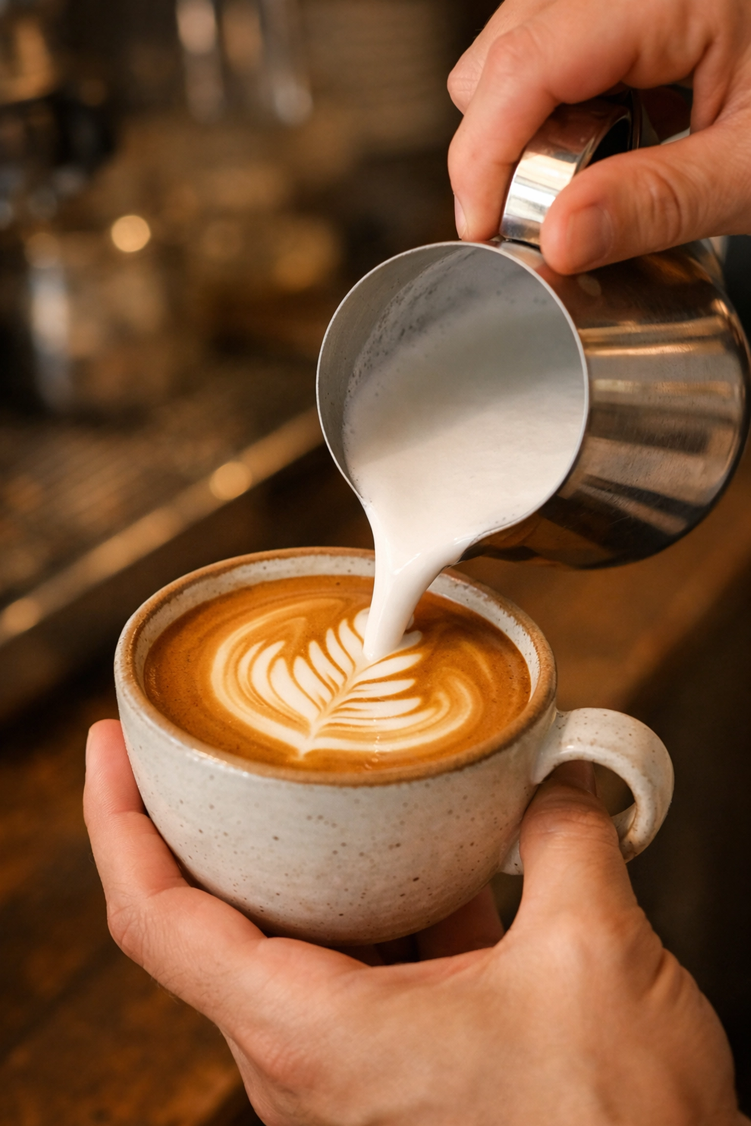 Barista pouring latte art into a ceramic cup as part of professional coffee training.