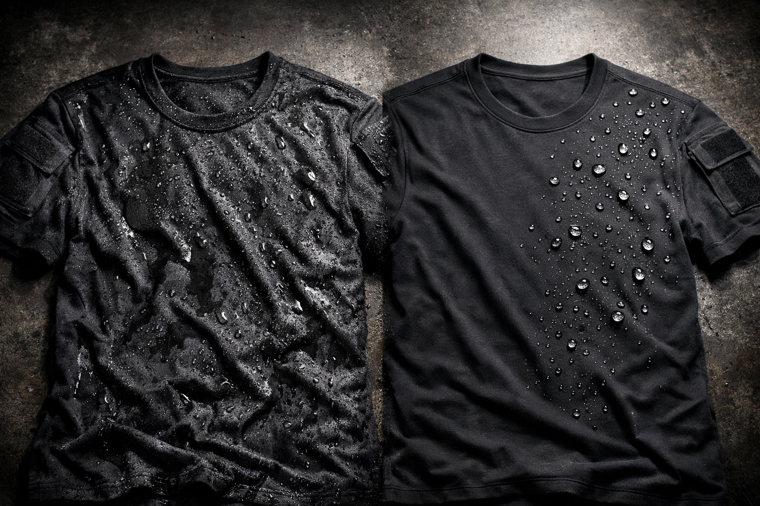 Comparison of wet 100% cotton tactical shirt versus dry poly-cotton blend showing moisture differences