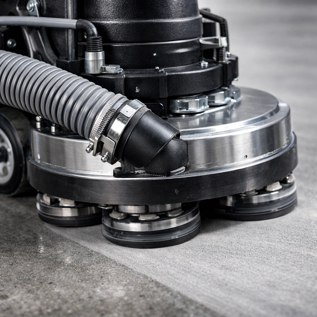 Industrial diamond concrete grinder prepping a garage floor for a professional coating.