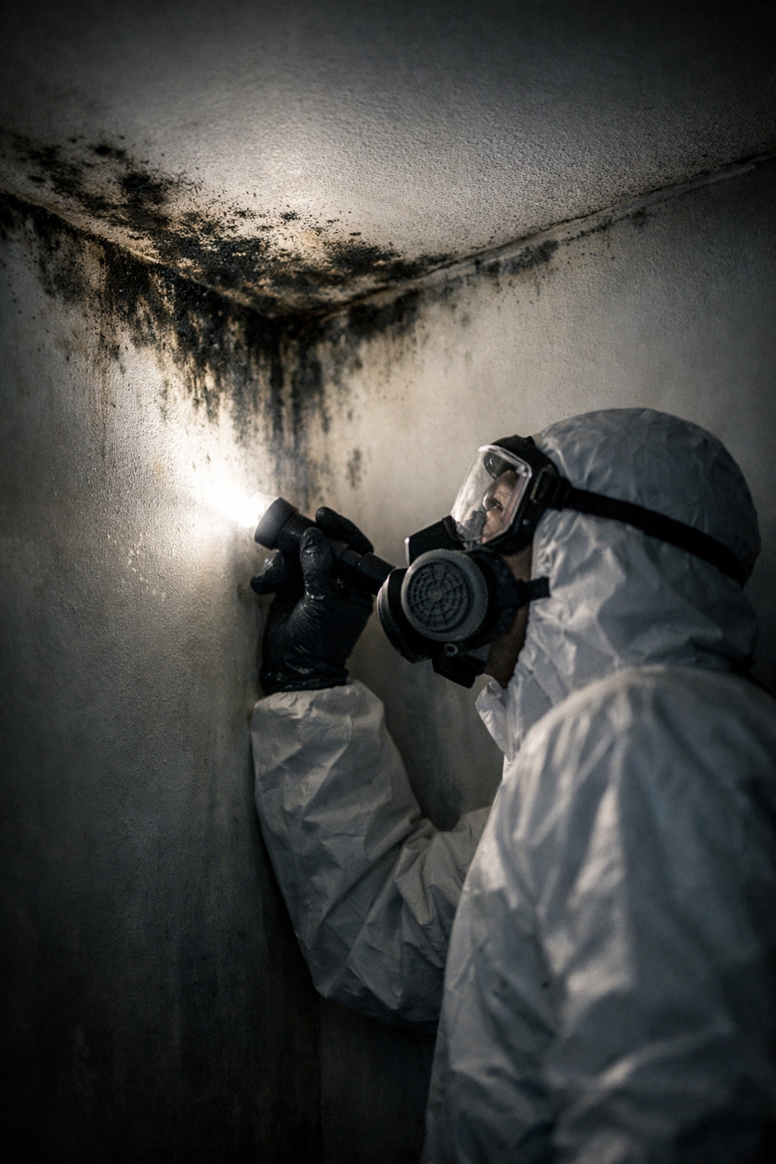 Professional mold remediation specialist inspecting black mold growth on interior wall