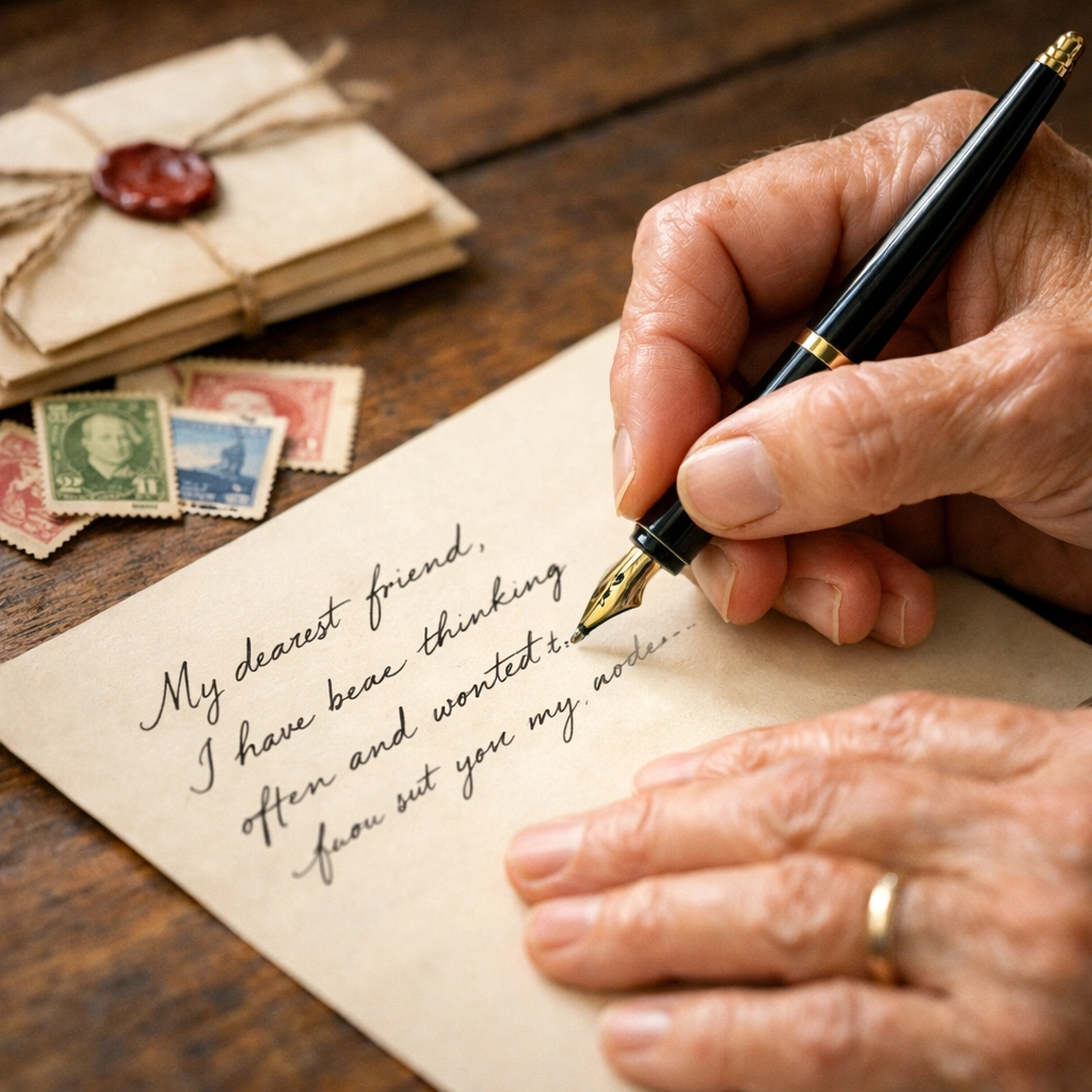 Elderly hands writing handwritten letter with pen - Your Pen Pal personalized letter service